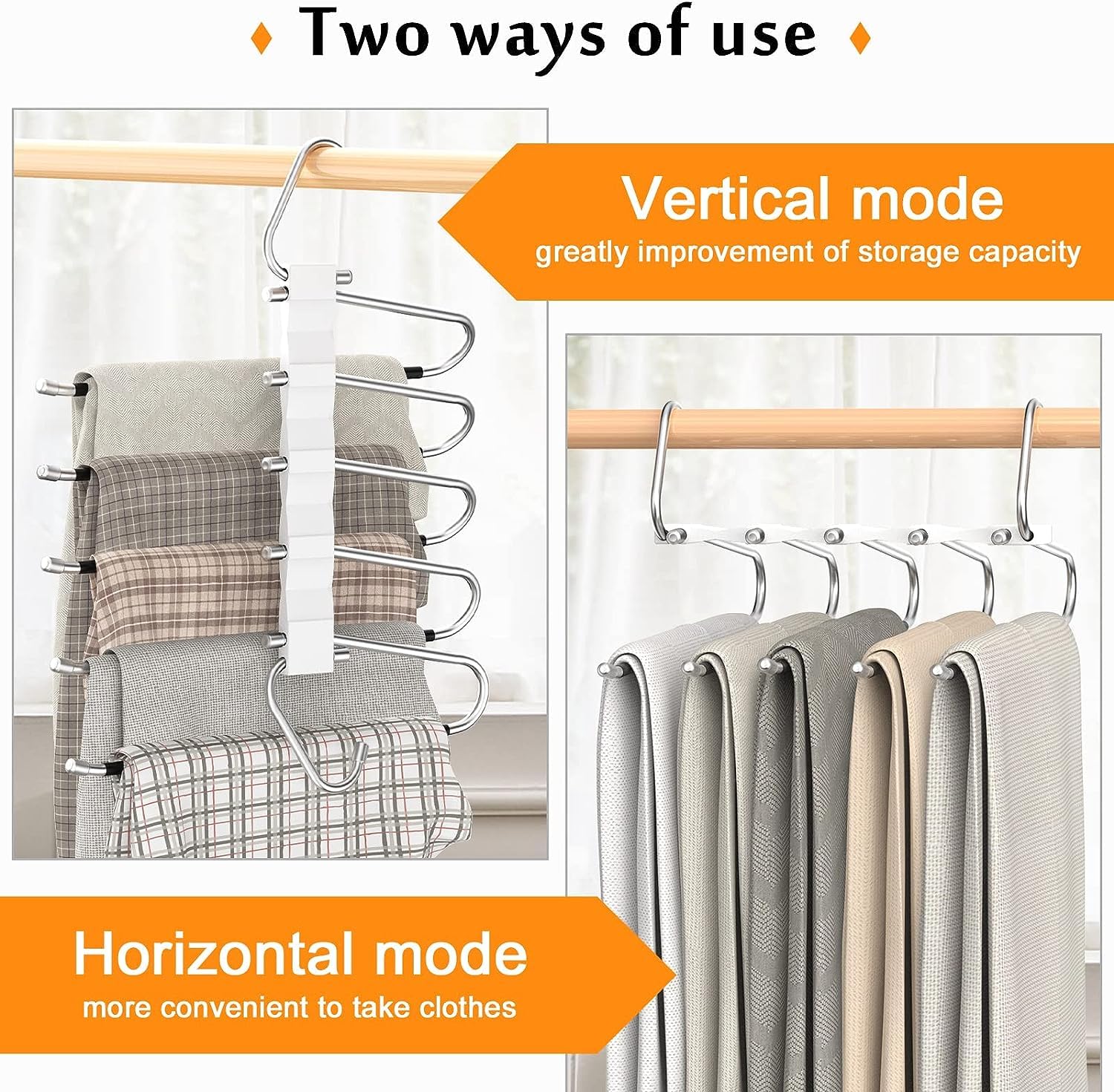 Loretoy 3 Pack Pants Hangers Space Saving, Anti-Slip Multi-Functional Pants Rack, Thickened Stainless Steel Tube, Two Hanging Mo