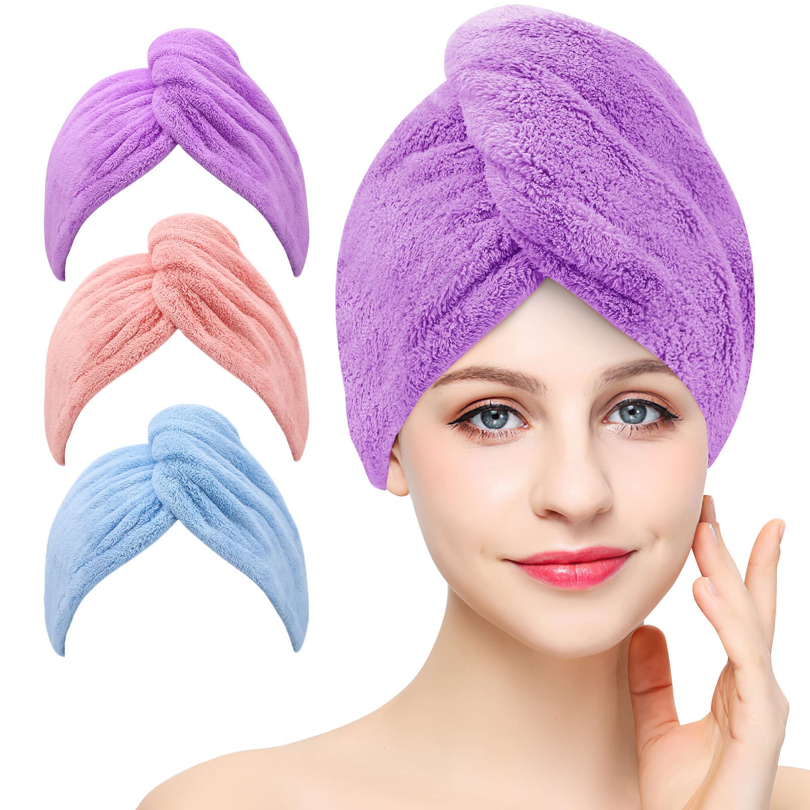 BEoffer Microfiber Hair Towel, 3 Packs Hair Turbans for Women, Men,Kids, Quick Dry Hair Wrap Towels for Curly,Long, Curly Hair A