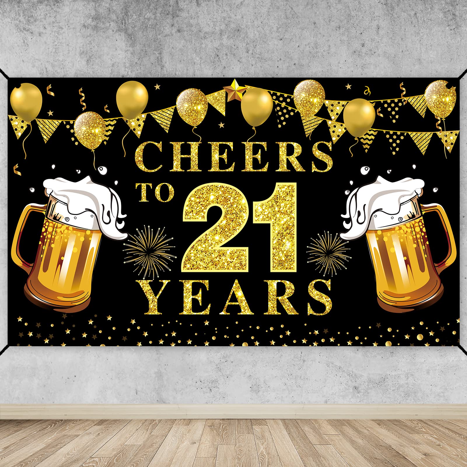 Lnlofen Happy 21St Birthday Banner Decorations, Black Gold Cheers To 21 Years Backdrop Party Supplies, 21St Anniversary Photo Bo