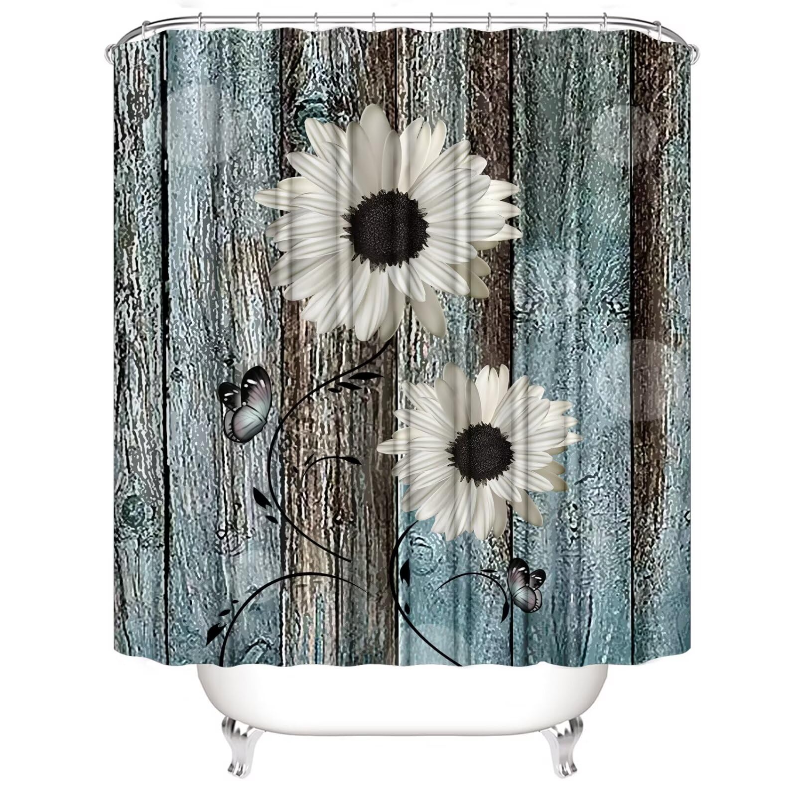 Azhm White Daisy Flower Shower Curtain Sets With Rugs 4 Piece Rustic Flower Floral Wood Panel Bathroom Decor Set With Non-Slip R