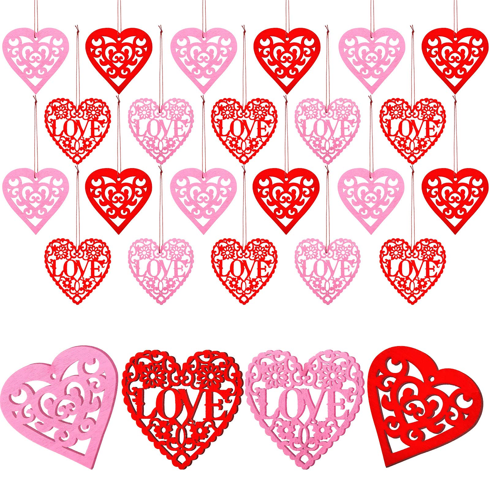 Jetec 40 Pcs Valentine's Day Wooden Heart Ornaments Valentine Tree Decorations Embellishment Wood Tags Love Heart Hanging Tree O