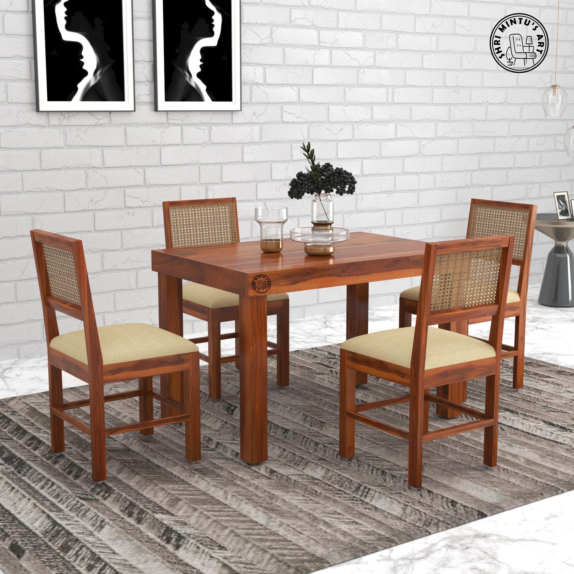 Shri MintuS Art Wooden 4 Seater Dining Table Set | Four Seater Dinning Table With Cushioned Chairs For Home | Dining Room Furni
