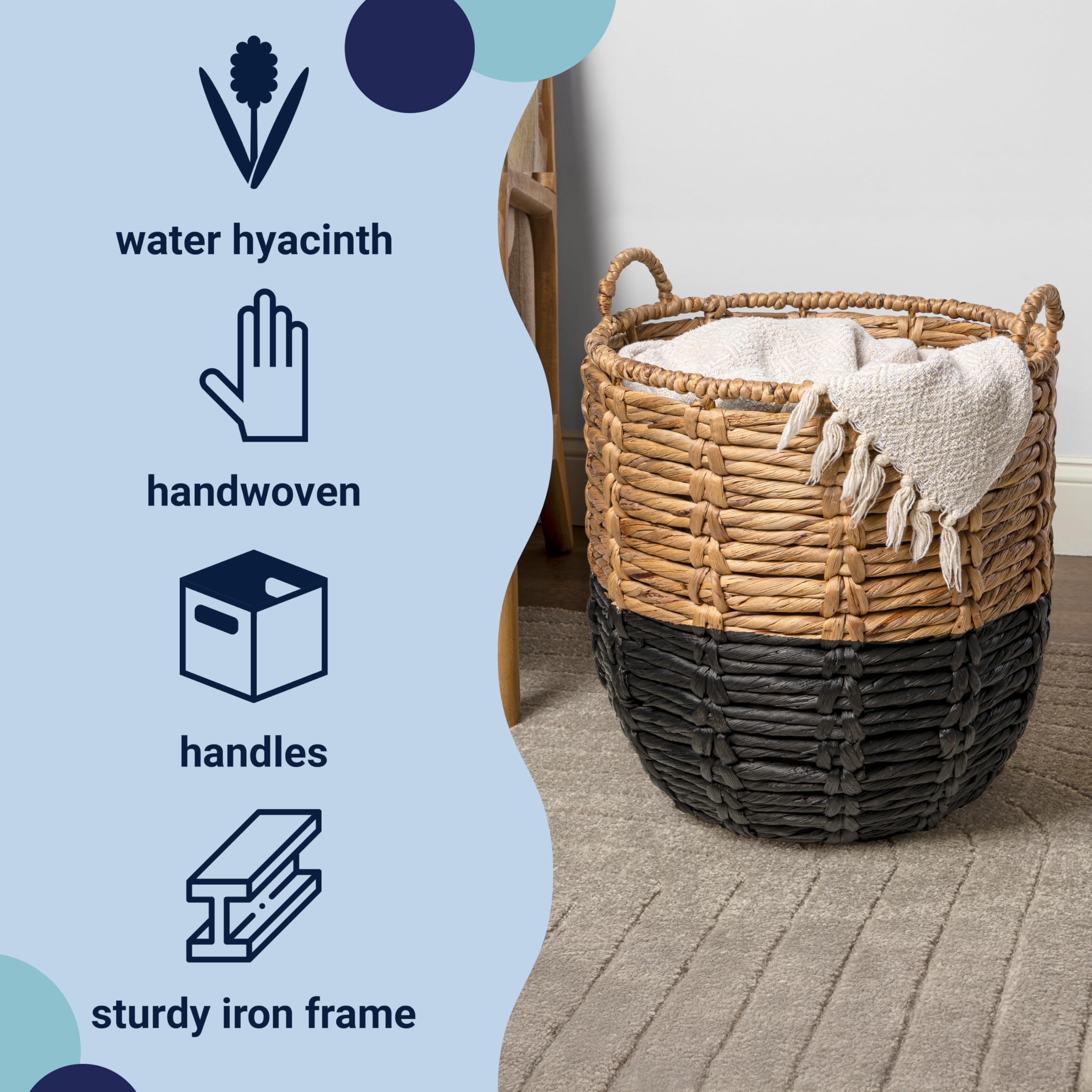 Happimess Bsk1003D Laurel 19.49 Bohemian Handwoven Abaca Hamper Basket With Handles, Seagrass Container For Decoration In Bedroo