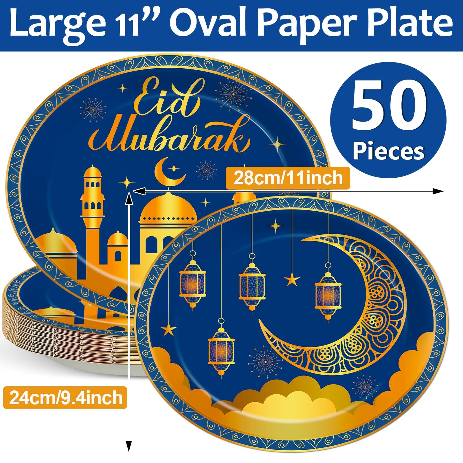 Qyeahkj 50 Pcs Ramadan Oval Paper Plates Large 11    Disposable Eid Mubarak Party Decorations Muslim Islamic Moon Star Supplies