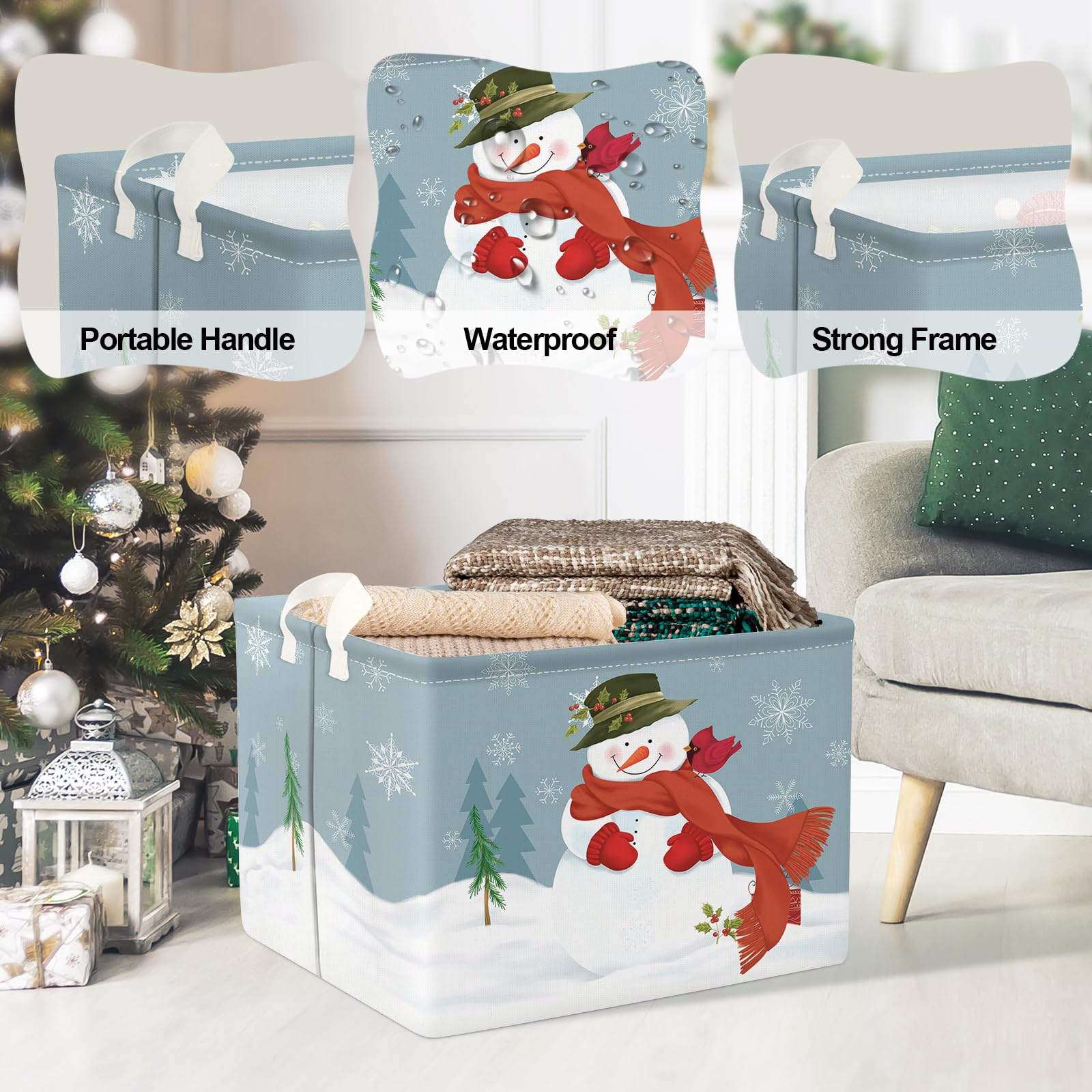 Clastyle Rectangular Snowman Christmas Basket Large Blue Winter Snowflake Shelf Basket Clothes Toy Book Gift Nursery Basket Coll