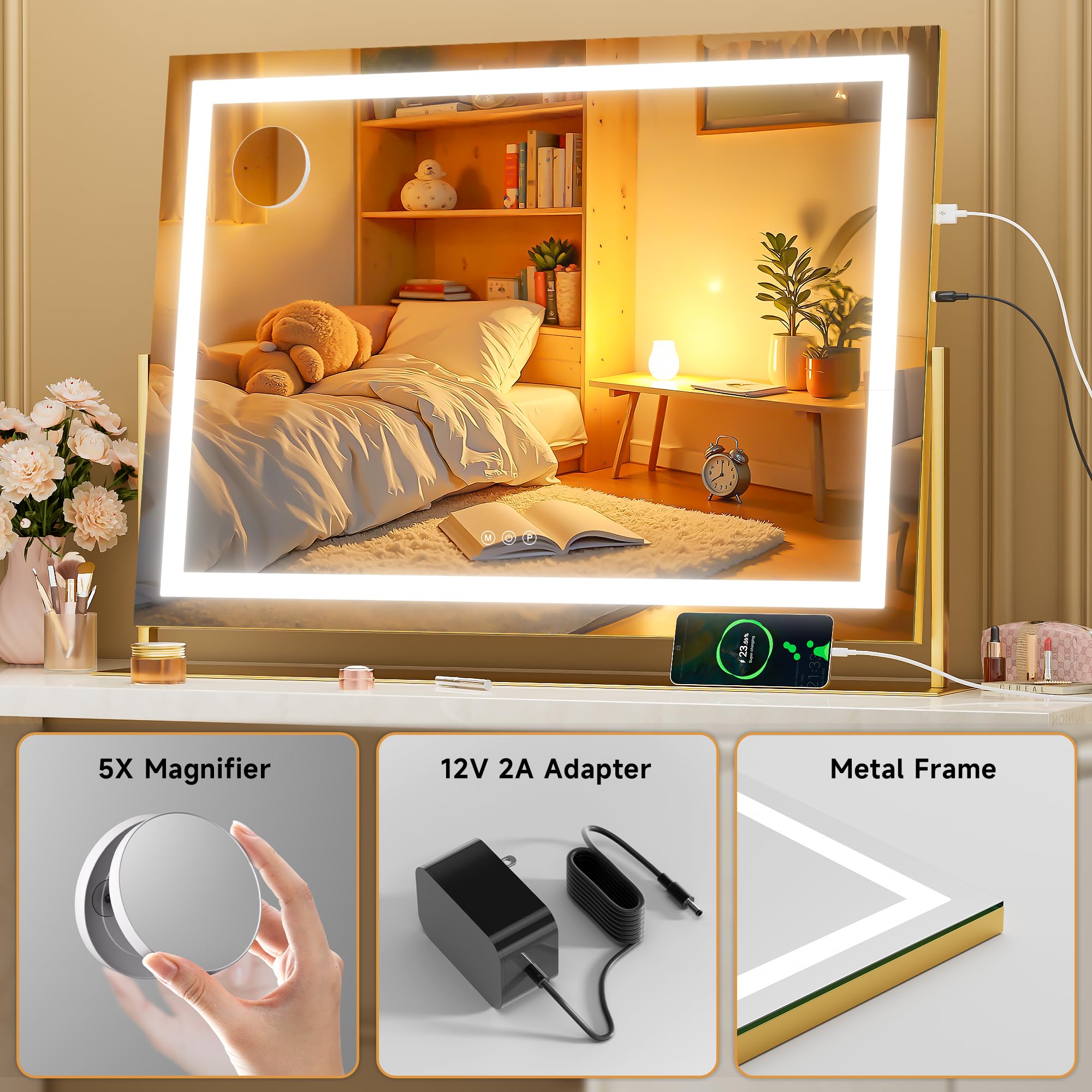 Hasipu Vanity Mirror with Lights, 28  x 20  LED Makeup Mirror, Light up Mirror with 10X Magnification and Phone Holder, USB Char