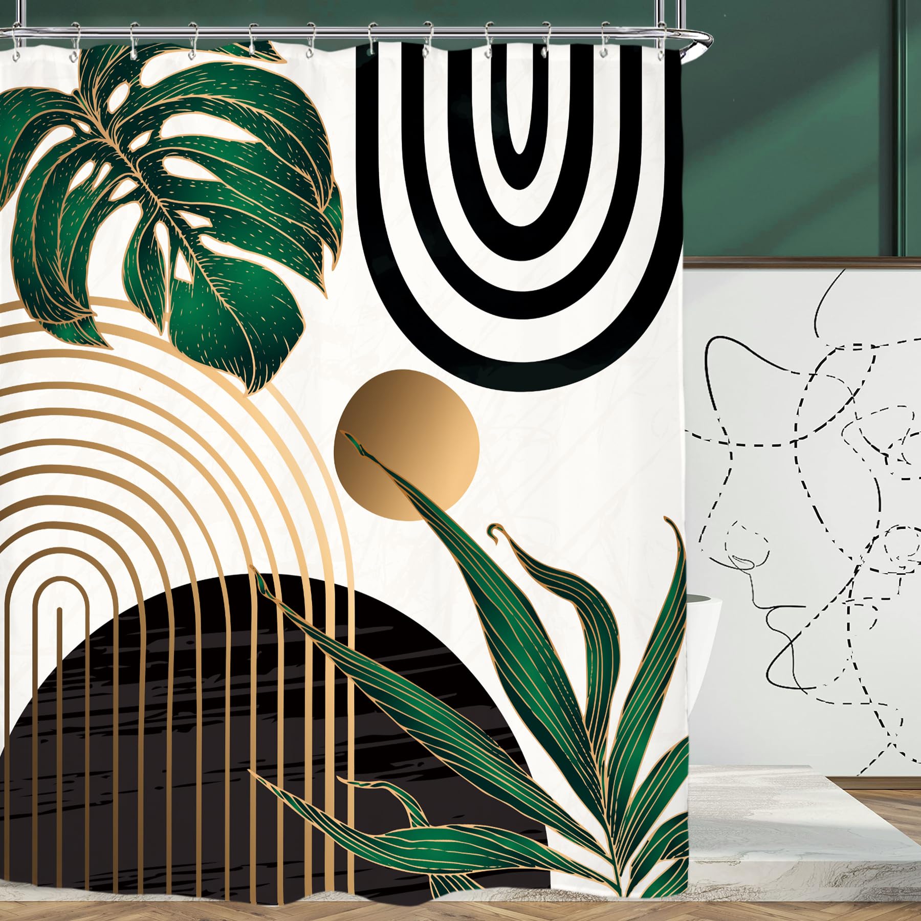 Miyotaa Abstract Emerald Green Shower Curtain Set 71Wx84H Inches Extra Long Minimalist Modern Tropical Leaves Geometric Contempo