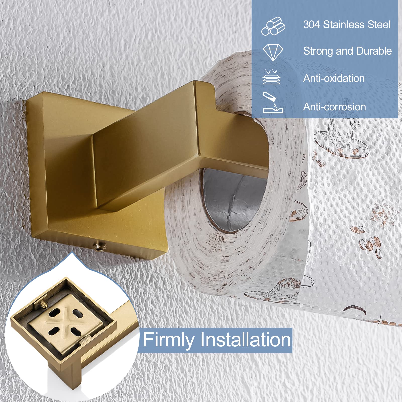 Tqkag Brushed Gold Toilet Paper Holder Sus304 Stainless Steel, Modern Square Tissue Roll Holders Wall Mount, Toilet Paper Roll D
