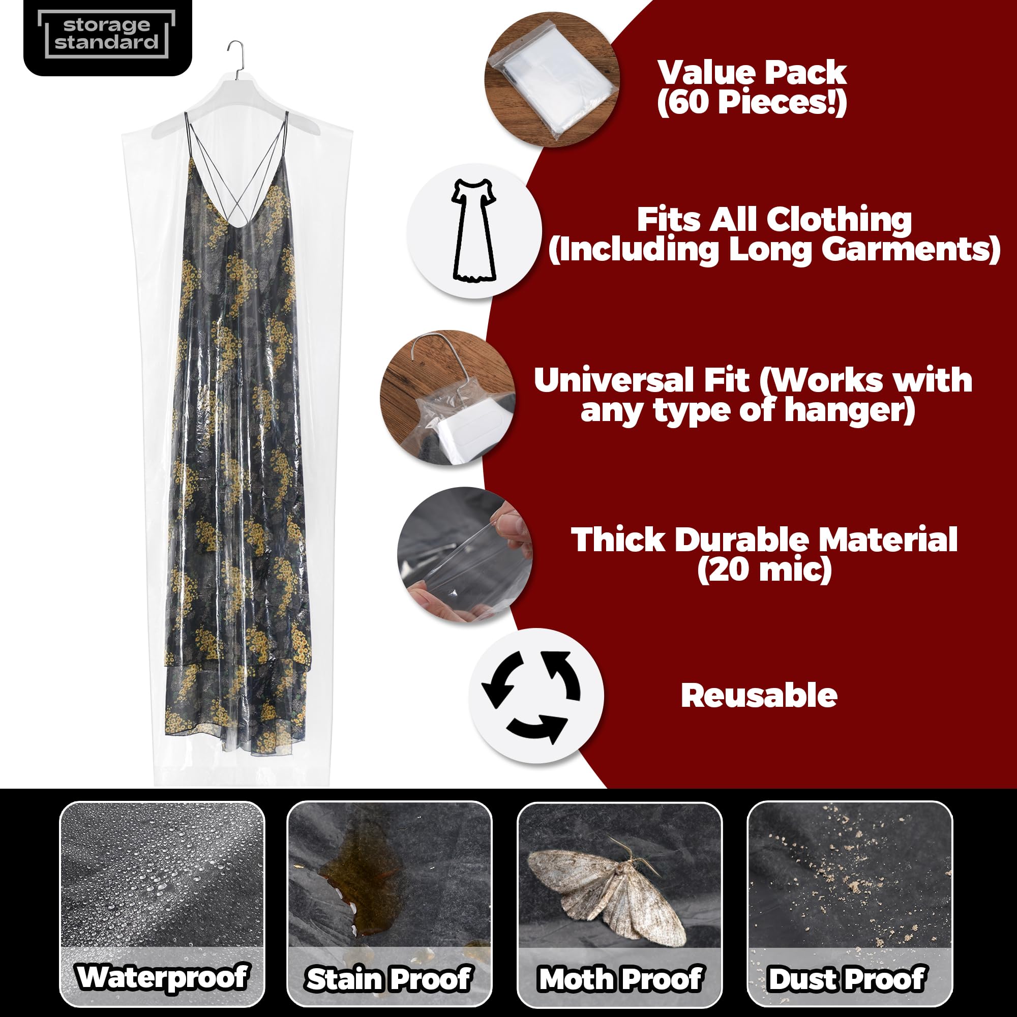 60-Pack Extra Long Dry Cleaning Bags For Clothes 72-Inch Long - Clear Plastic Garment Bags For Hanging Clothes, Dry Cleaner Plas