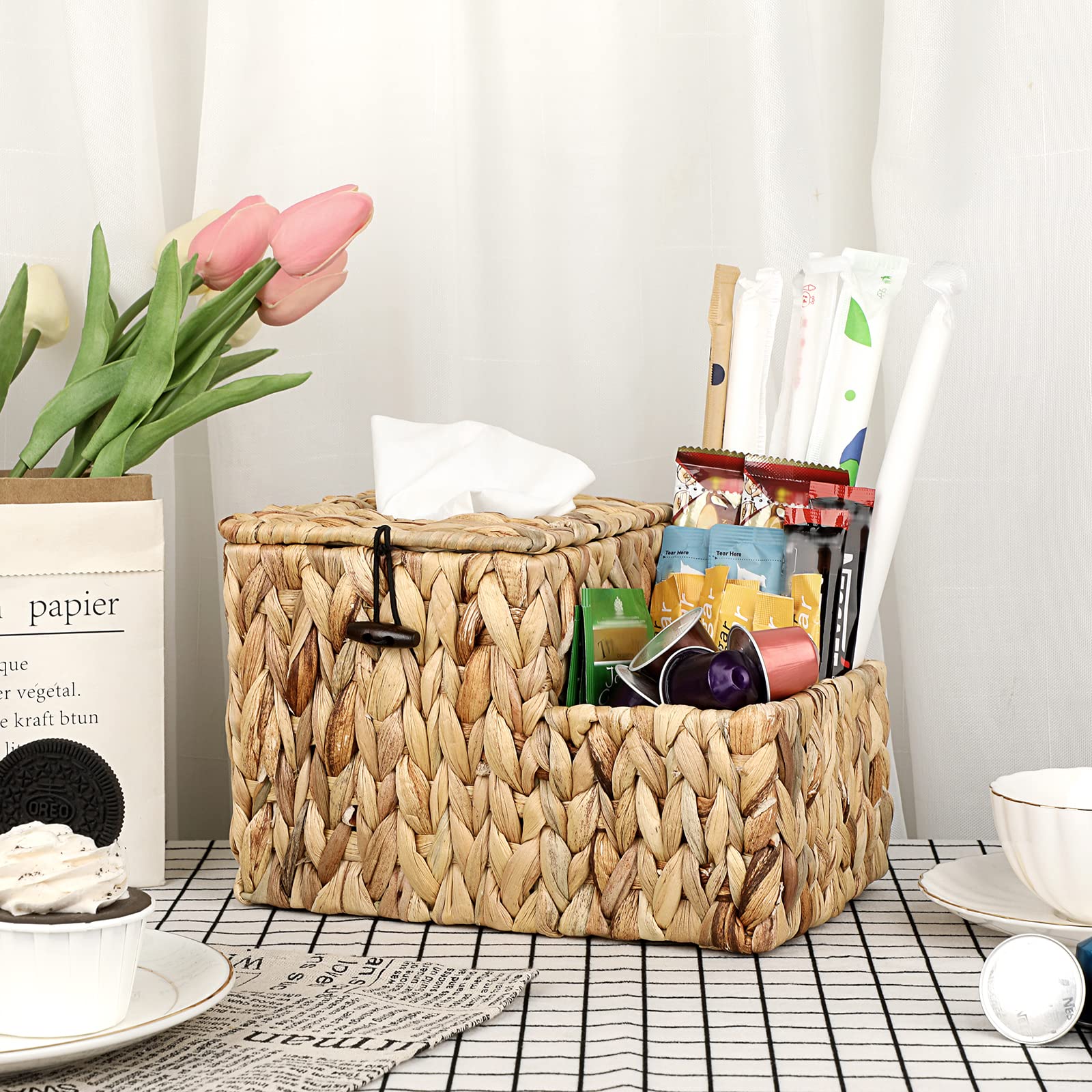 Sumnacon Square Woven Tissue Box Cover - Decorative Cube Wicker Tissue Box Holder With Side Organizer, Rustic Water Hyacinth Tis