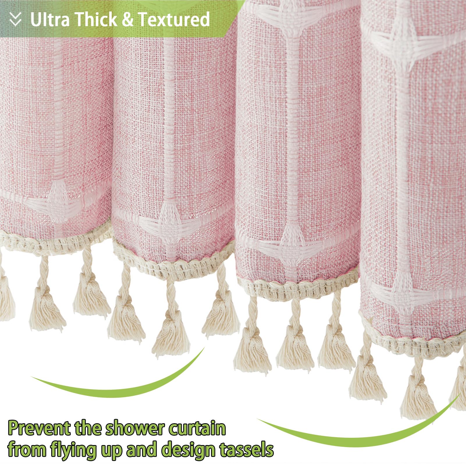 Yuanice Long Pink Boho Shower Curtain 78 Inches, Long Linen Rustic Fabric Textured Shower Curtain Set With Tassels, Tall Modern