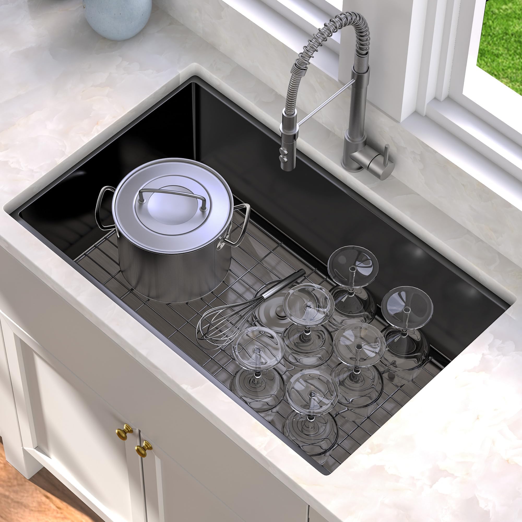 Yitahome Black Kitchen Sink 32In Undermount Sink Single Bowl 16 Gauge Stainless Steel Nano Gunmetal Black Sink With Accessories