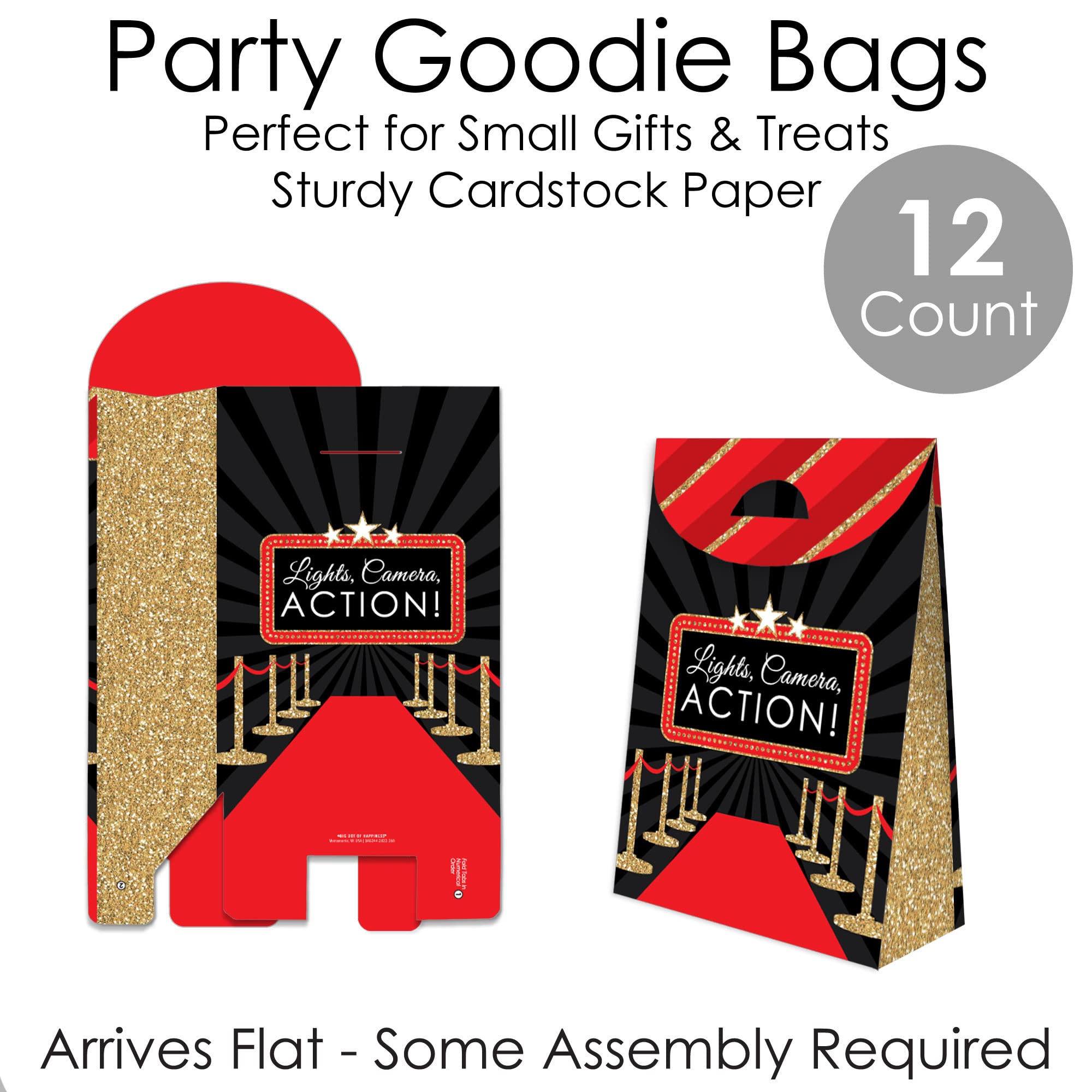 Big Dot Of Happiness Red Carpet Hollywood - Movie Night Gift Favor Bags - Party Goodie Boxes - Set Of 12