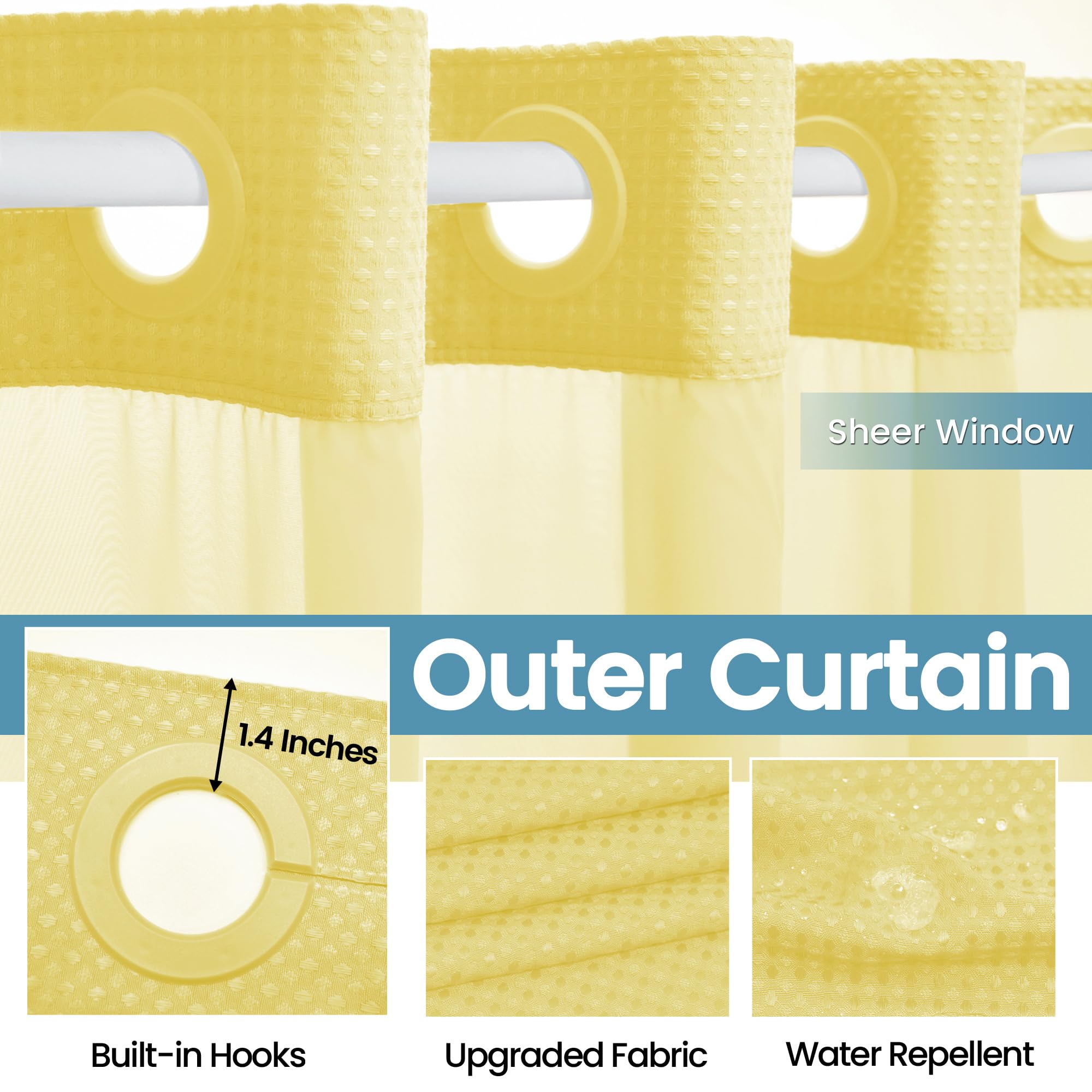 Eutxl Yellow No Hook Shower Curtain With Snap In Liner,230Gsm Waffle Weave Shower Curtains For Bathroom,71W X 74H