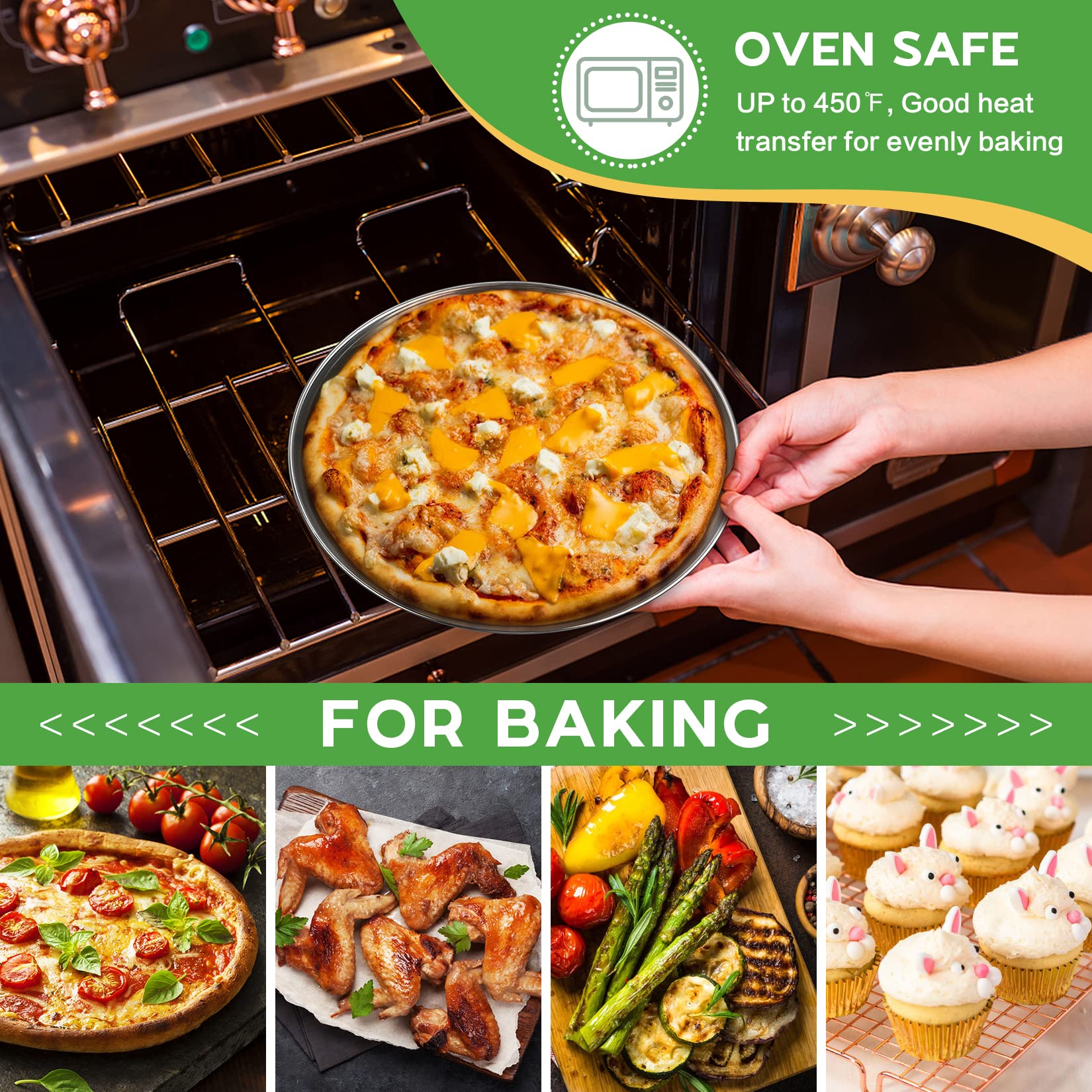 P&P CHEF 10 Inch Stainless Steel Pizza Pan Set of 3, Silver, Dishwasher Safe, Model SSPP-14