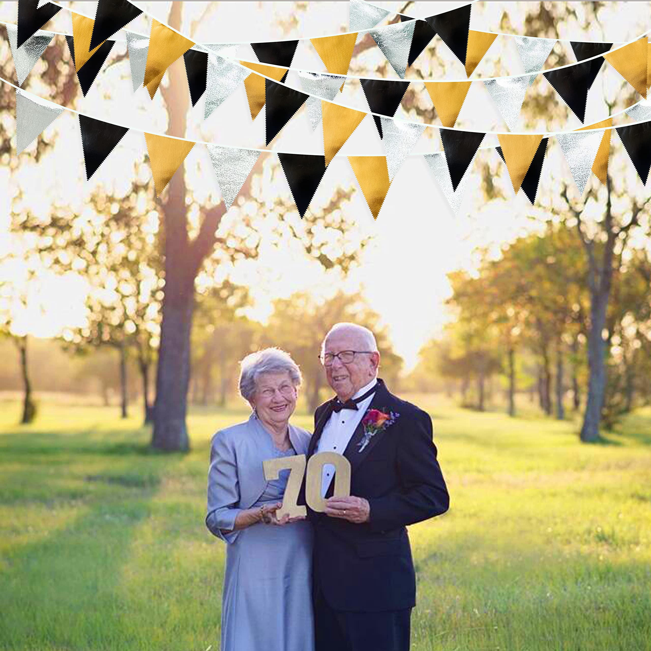 Black Gold Silver Party Decoration Triangle Pennant Banner Flag Metallic Fabric Bunting Garland For Birthday Graduation Annivers