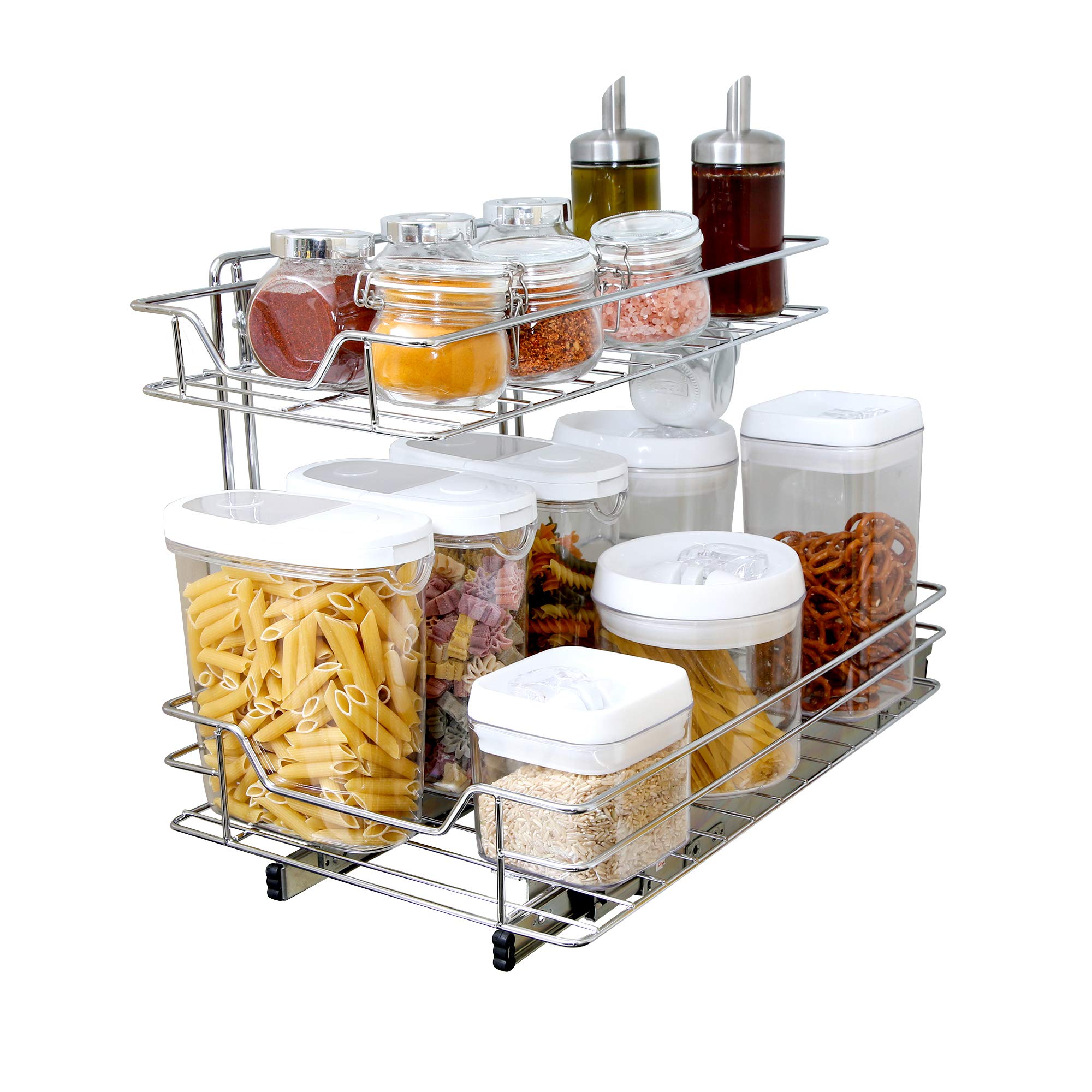Smart Design Pull-Out Cabinet Organizer - 2-Tier Chrome, Small Top, Medium Bottom - Steel Sliding Cabinet Organizer Holds Up To