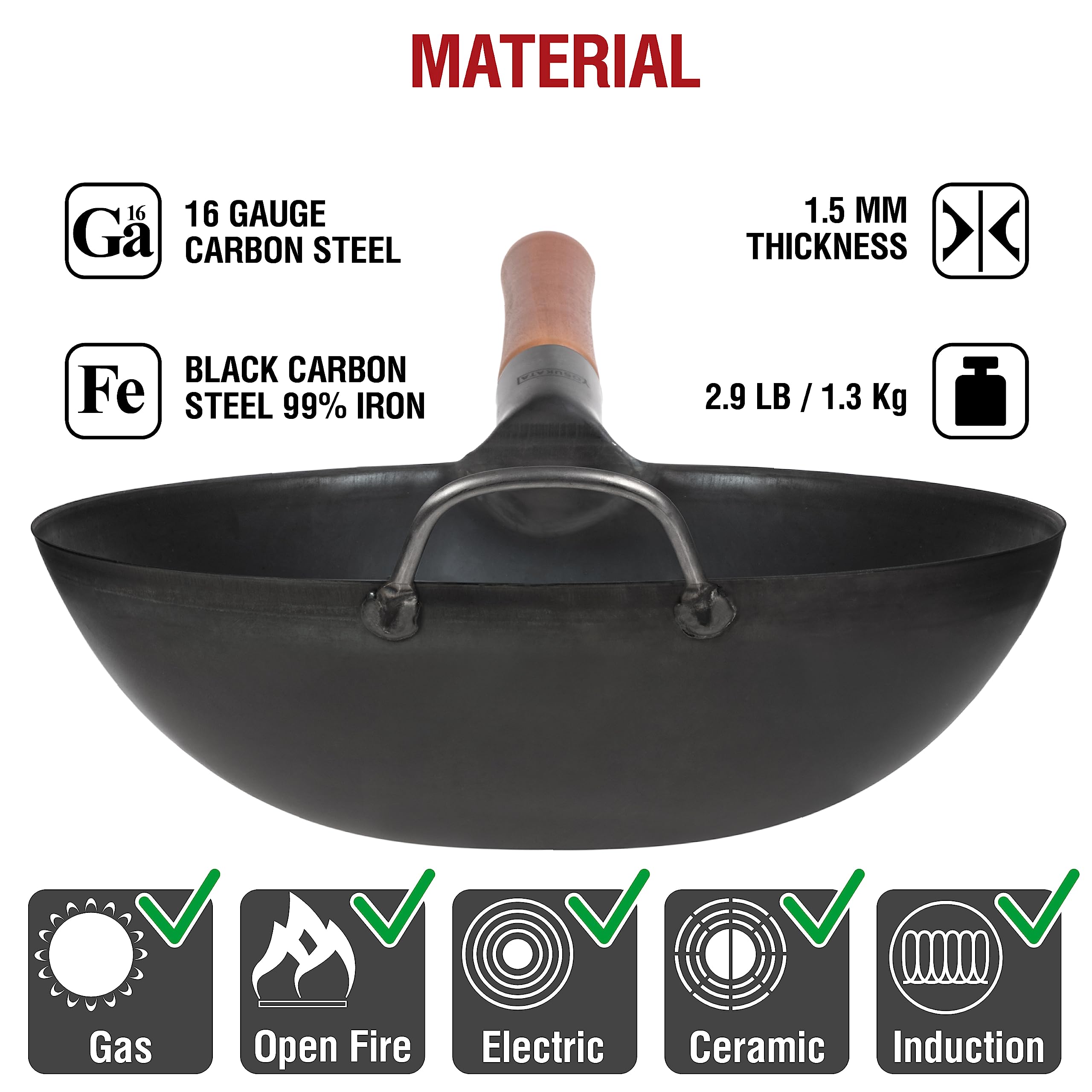 YOSUKATA Carbon Steel Wok Pan - 11.8" Flat Bottom Stir Fry Pan - Black for Induction & Gas Stovetops