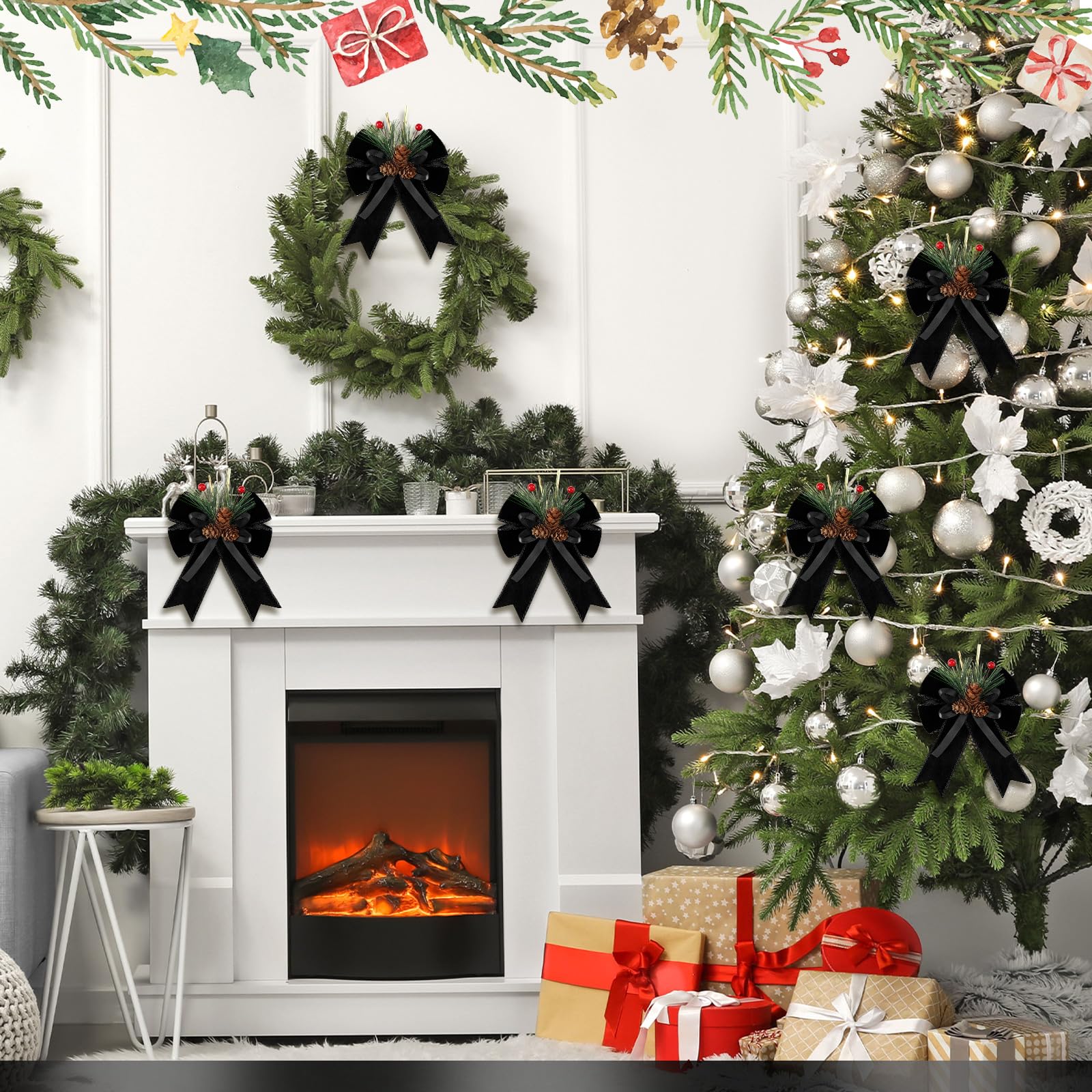 Syhood 6 Pcs Christmas Bows with Pine Cones Pine Needles Black Xmas Velvet Bows Elegant Ribbon Christmas Tree Wreath Decoration