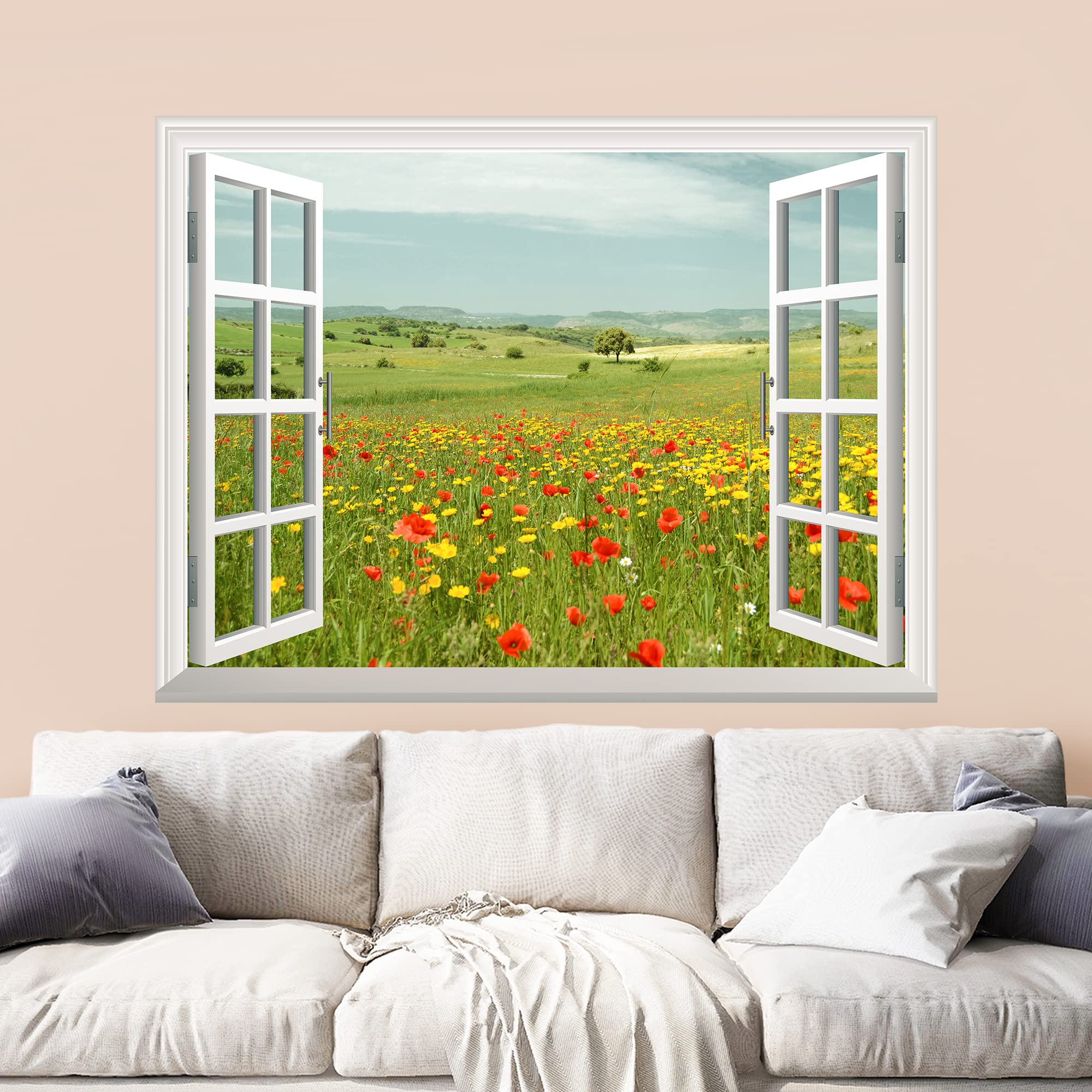 wall26 Removable Wall Sticker/Wall Mural - Beautiful Spring Field with Wild Flowers | Creative Window View Wall Decor - 36 Inchx48 Inch