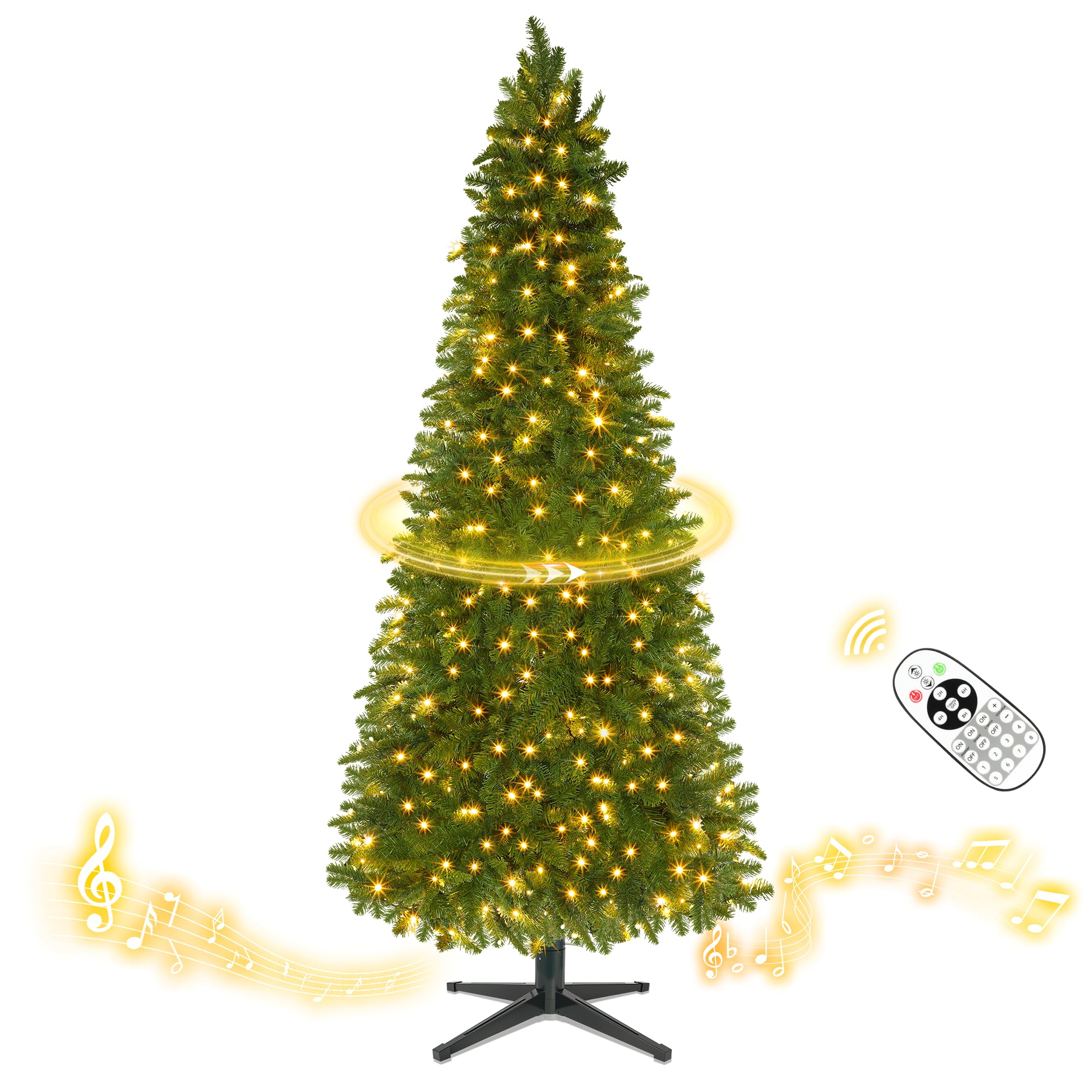 Chogglevue 7.5FT Pencil Rotating Artificial Christmas Tree - Green Tree with White & Multi-Color Lights, 370 LED Lights and 1142