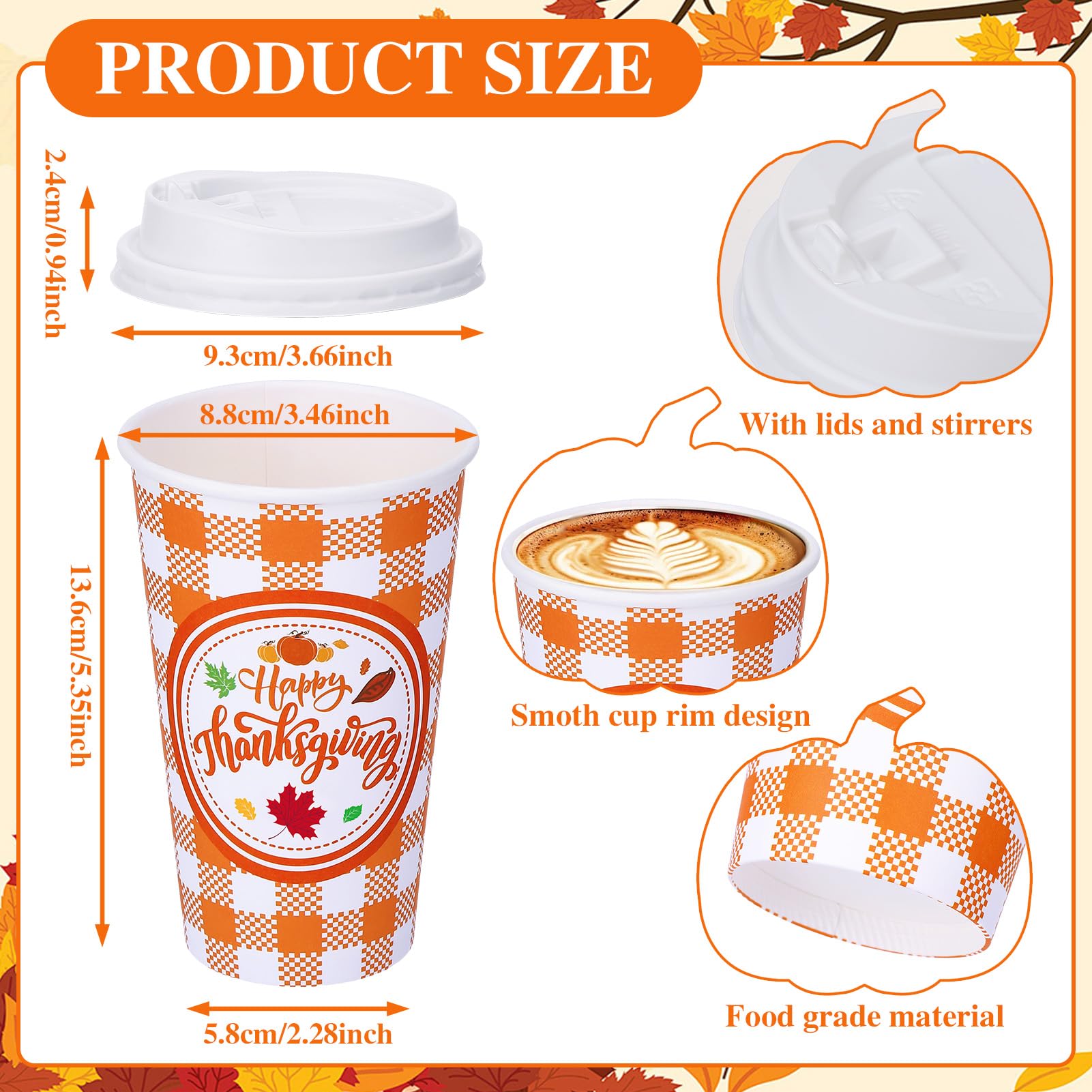 Ovveroche 100 Pack 16 oz Fall Thanksgiving Disposable Coffee Cups with Lids,Pumpkin Maple Leaves Mushroom Disposable Cups for Ho