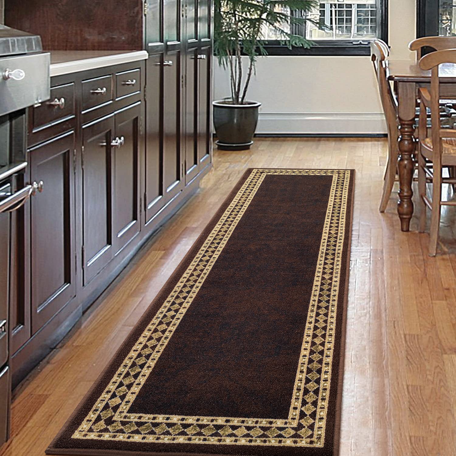 Antep Rugs Alfombras Modern Bordered 2x7 Non-Skid (Non-Slip) Low Profile Pile Rubber Backing Indoor Area Runner Rugs (Brown Beig