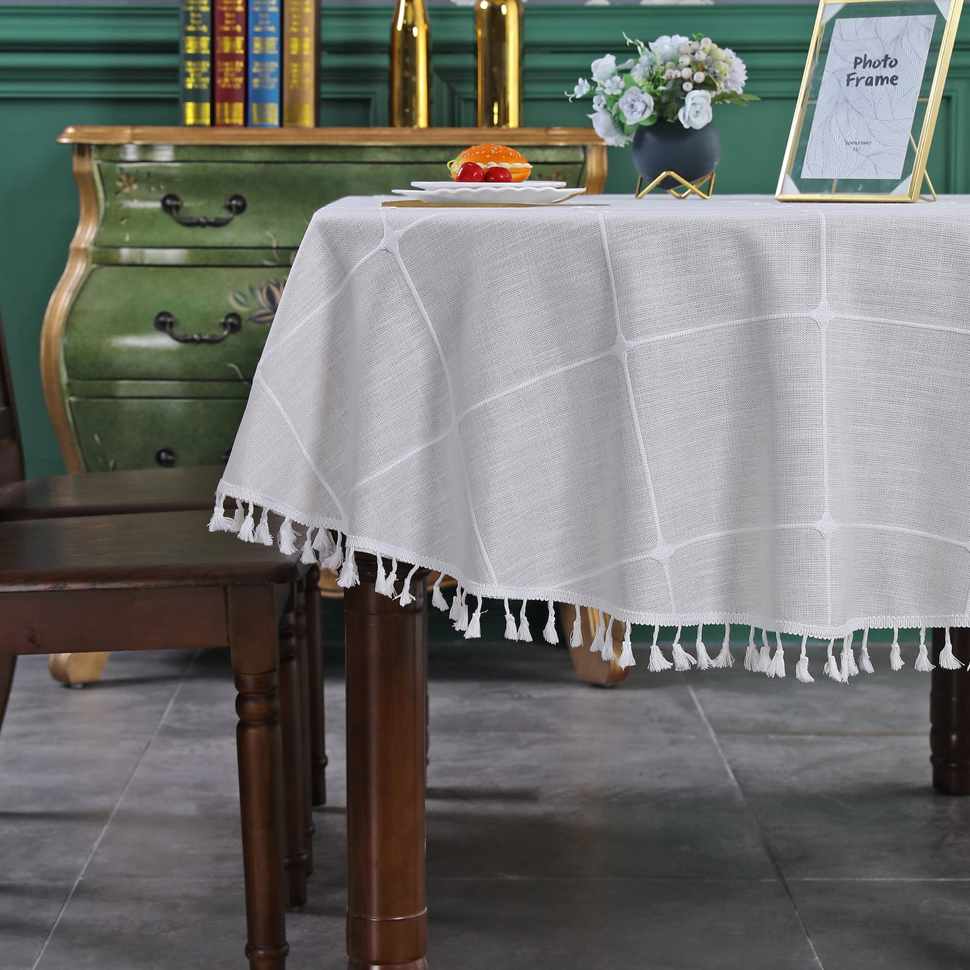 Farmhouse Checkered Embroidery Lattice Oval Tablecloth with Tassel Heavy Duty Rustic Fabric Table Cover Wrinkle Resistant Washable Kitchen Dining Party Wedding Decoration 60 x 102 Inch