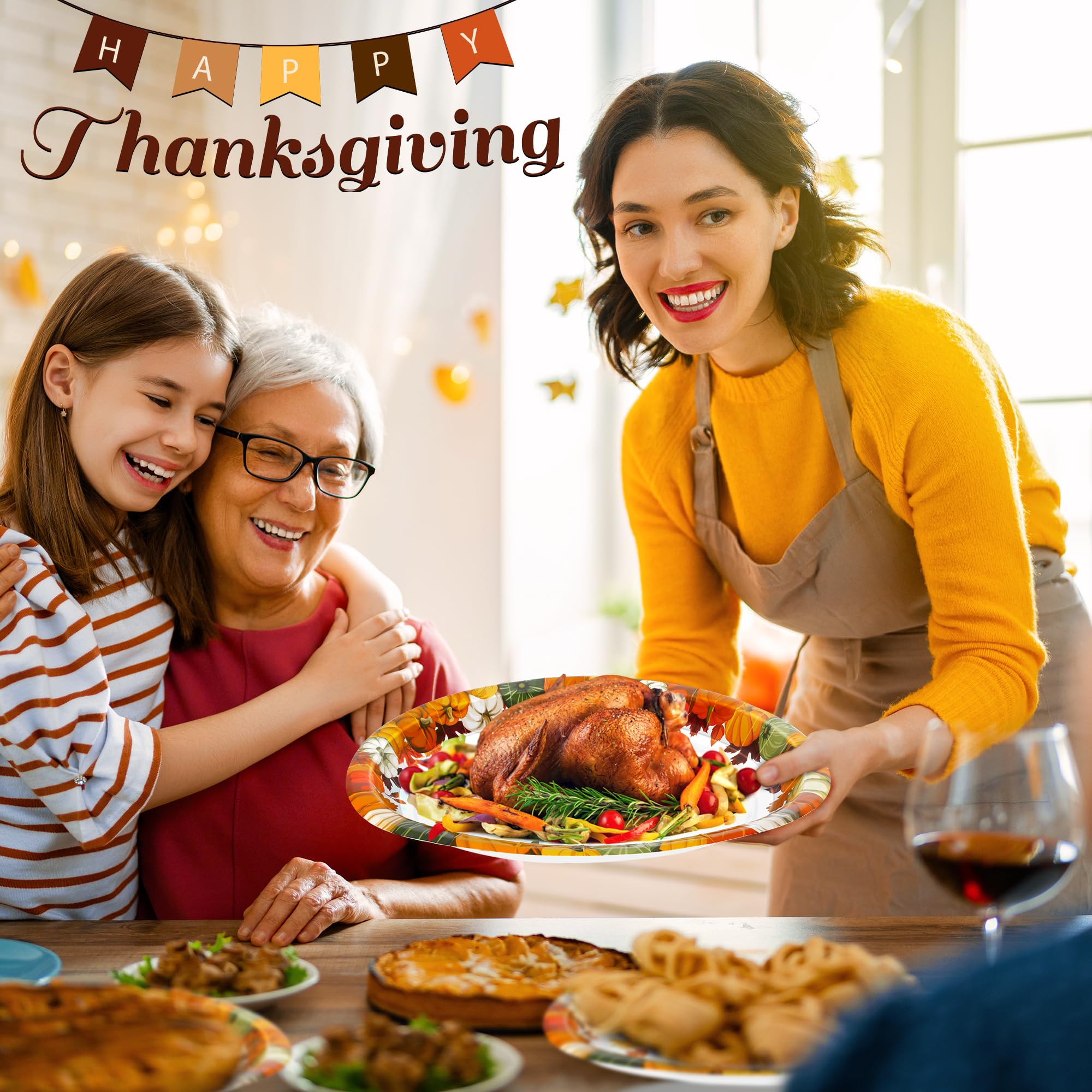 QZYL 50 Pcs Thanksgiving Plates, 12.2 x 10.2 Inches Disposable Heavy Duty Paper Plates, Oval Thanksgiving Disposable Plates Autu
