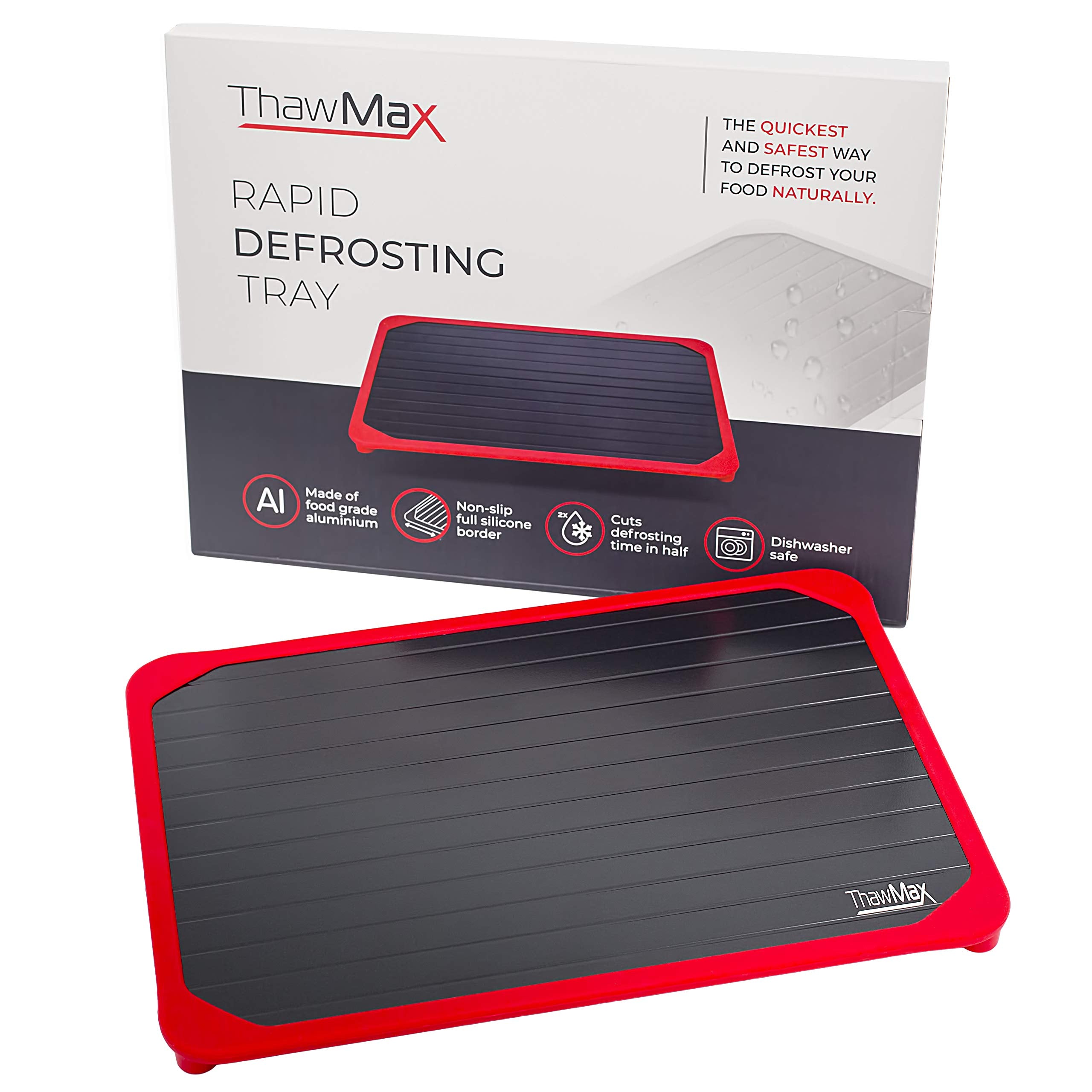 ThawMax Rapid Defrosting Tray - Aluminum, 11.6"x8.1", Red, Silicone Border, Thaw Frozen Meat Fast Without Microwave