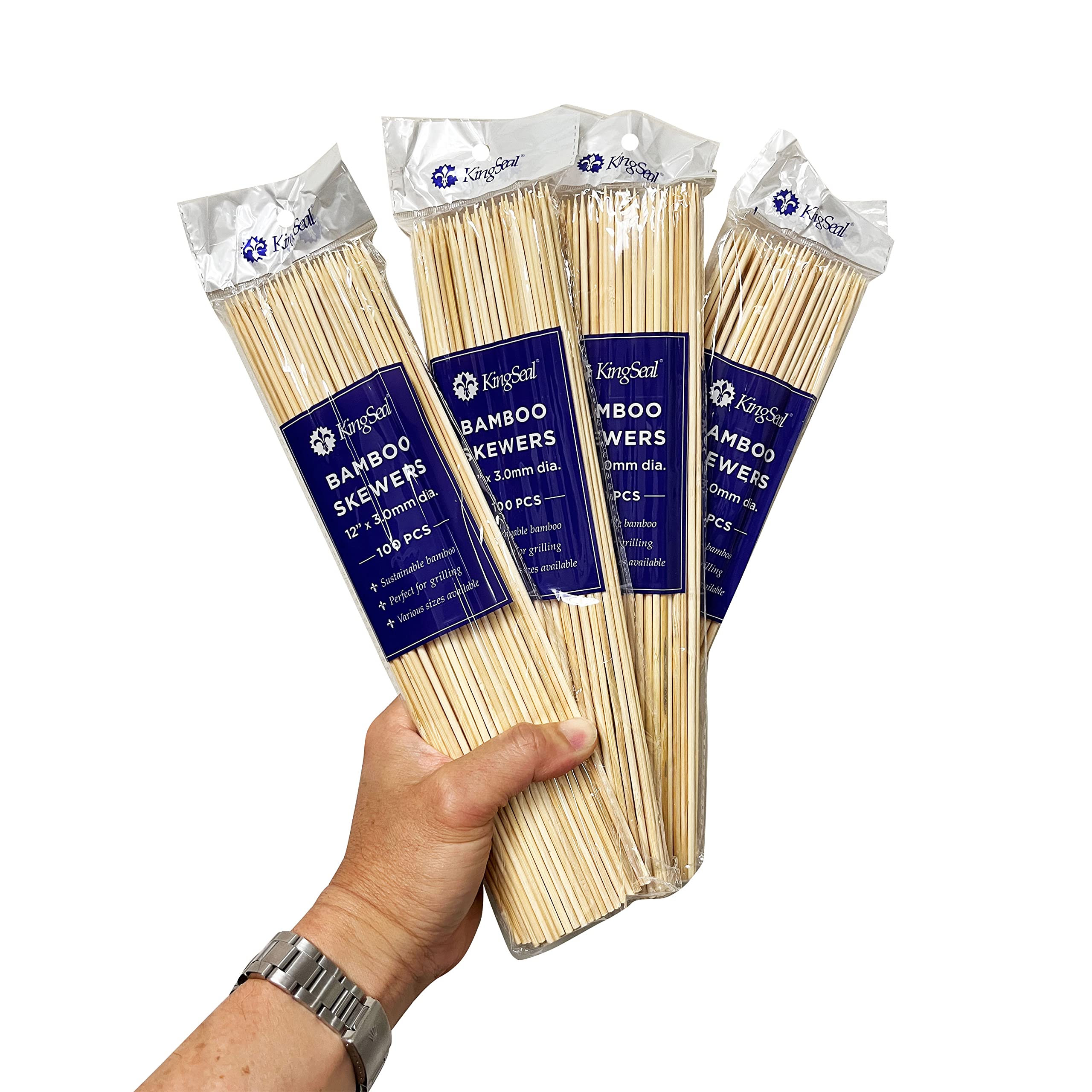 400 Count | KingSeal Natural Bamboo Wood Grilling Skewers for Shish Kebabs, BBQ, and Fruit Arrangements, 12 Inch x 3.0mm Diamete