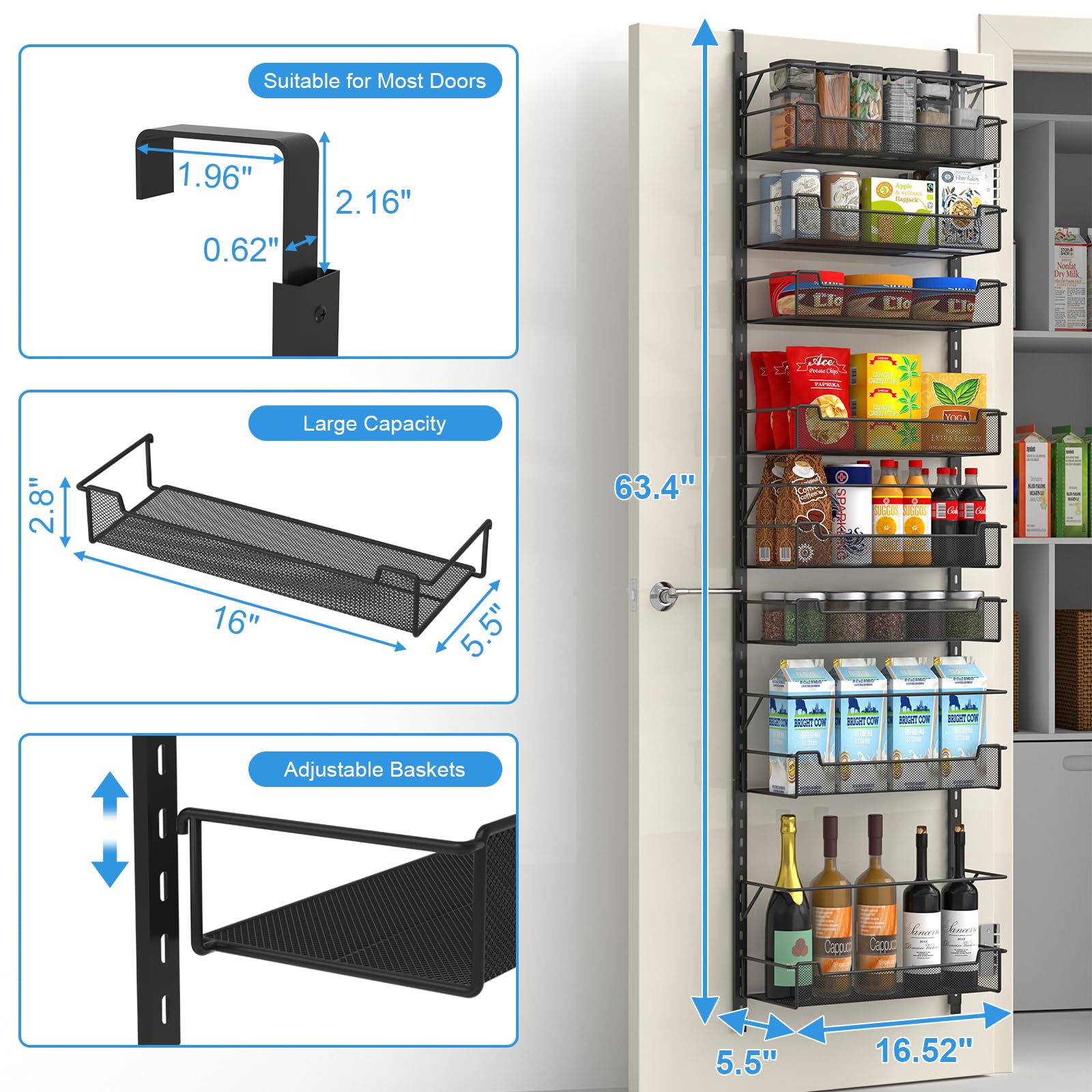 VyGrow Over the Door Pantry Organizer, 8-Tier Over the Door Organizer with Adjustable Basket, Pantry Door Organization for Pantr