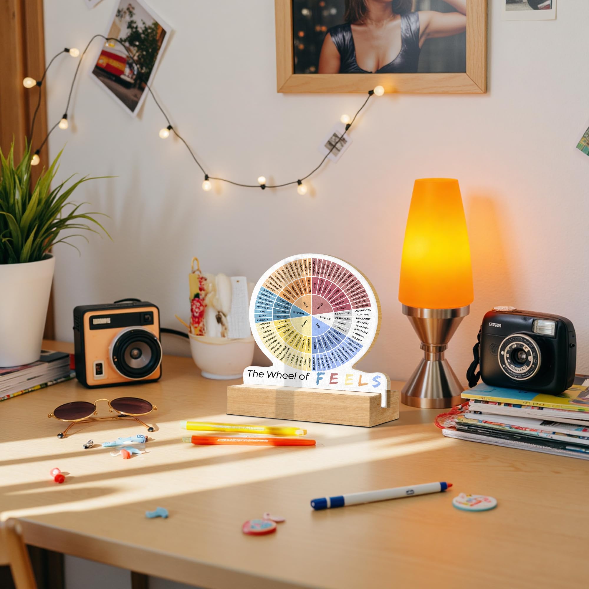 CTYNU Mental Health Gifts Wheel of Emotions Feelings Desk Decor Sign,The Wheel of Feels Wood Sign Plaque With Wooden Stand Decor