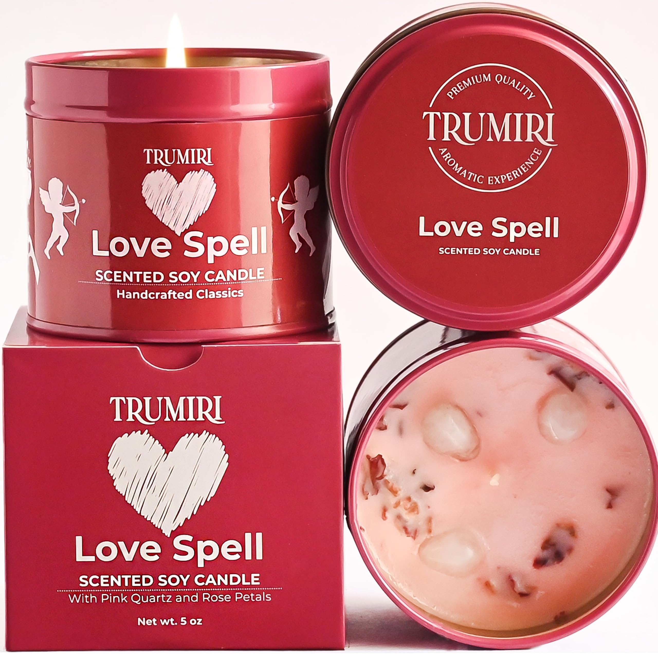 Love Spell - Scented Candles for Women & Men with Rose Petals and Crystals - 5oz Soy Clean Organic Non Toxic - Velas Arom  ticas
