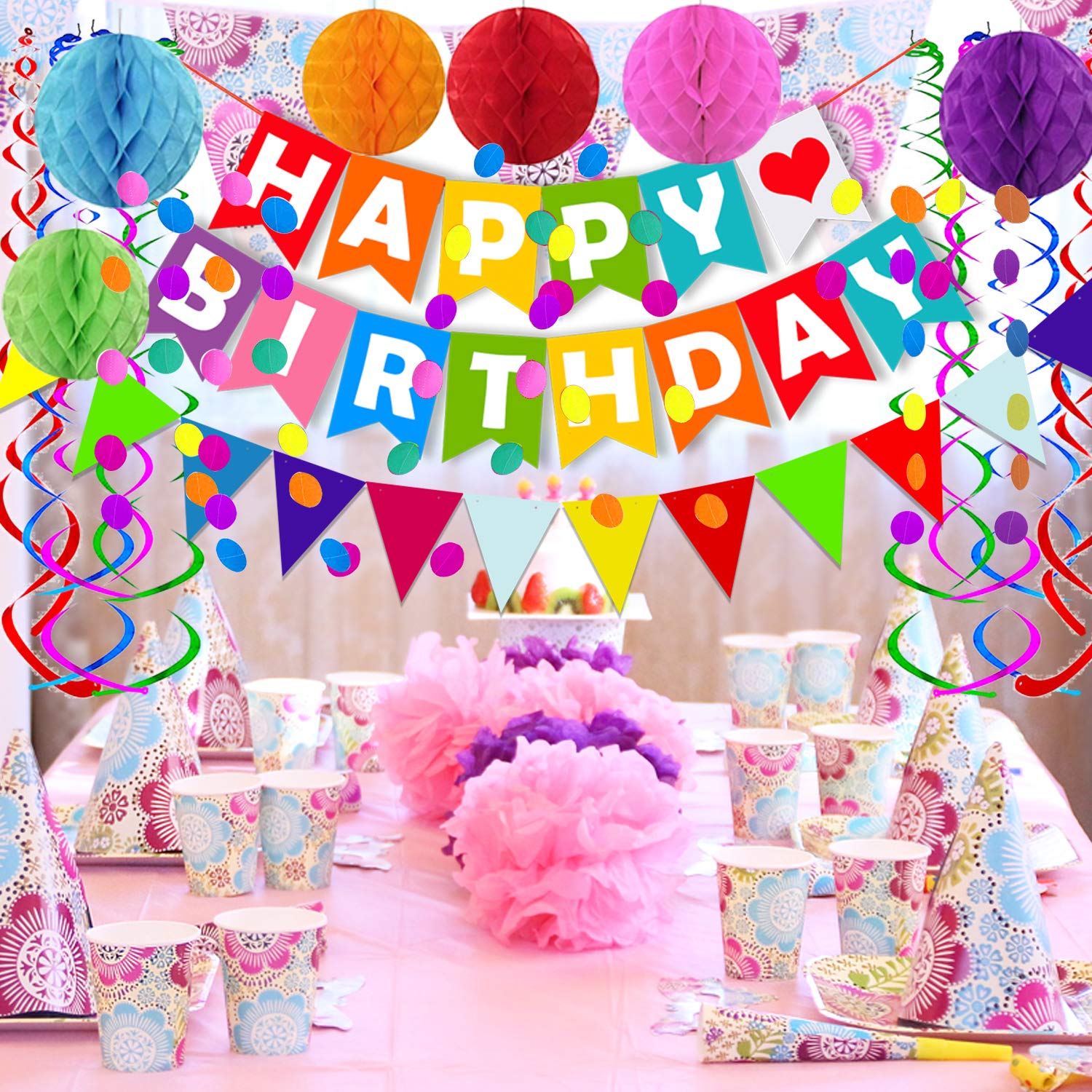 Fecedy Colorful Happy Birthday Banner Paper Triangle Flag Bunting Circle Confetti Dots Hanging Garland And Honeycomb Ball Swirl