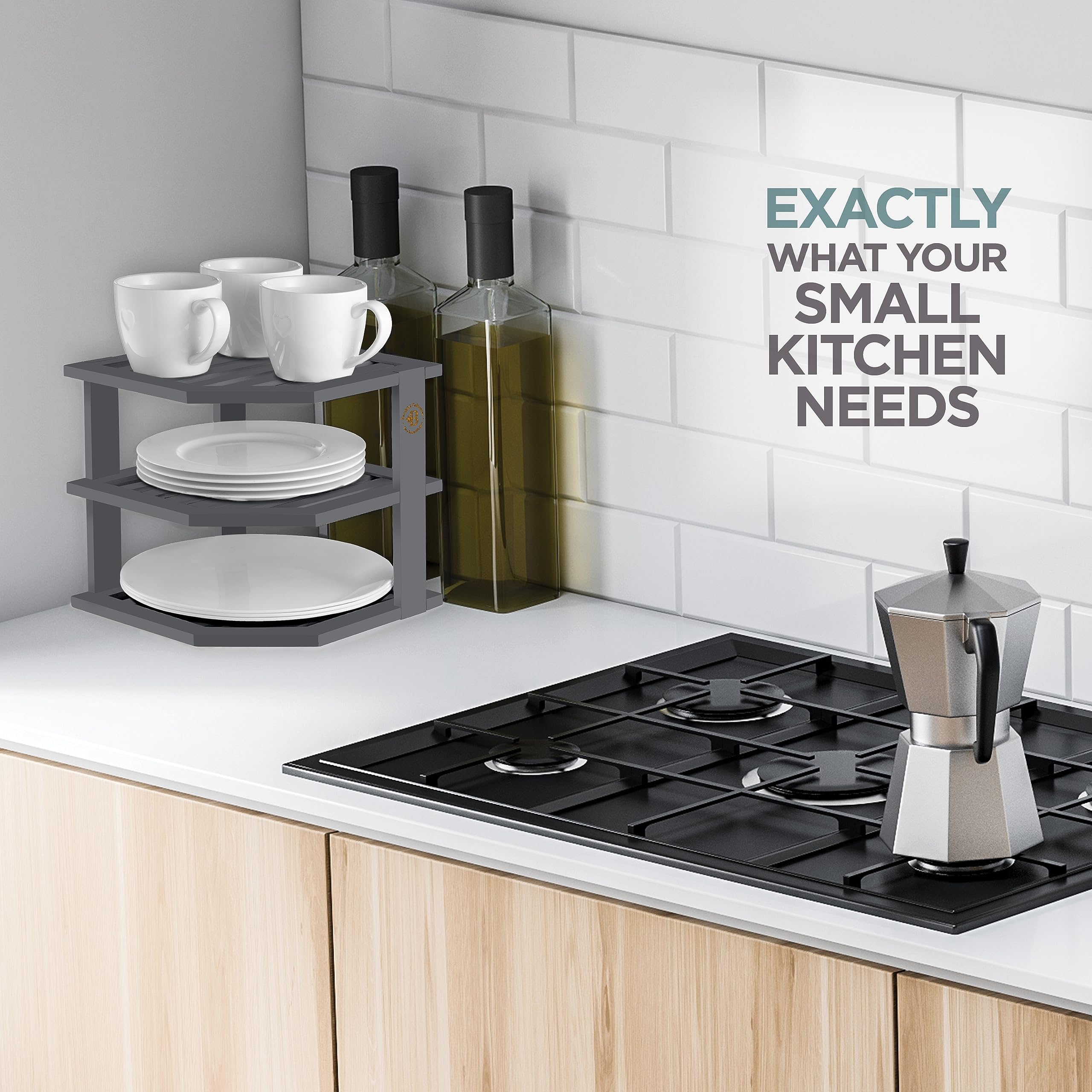 Bamb?si Bamboo Corner Shelf - Kitchen Countertop Organizer  Kitchen Counter Shelf - Corner Cabinet Organizer - Dish Organizer  Plate Organizer for Cabinet - Organizes and Saves Space (Grey)