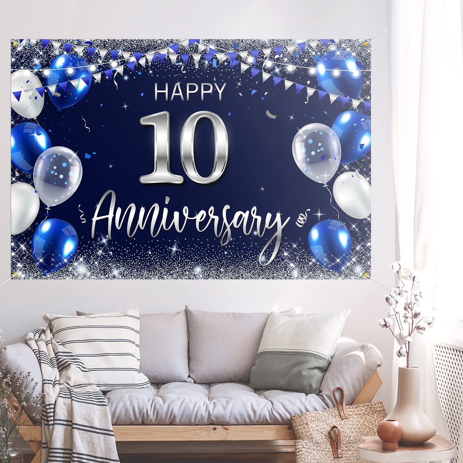 Happy 10Th Anniversary Backdrop Banner Decor Navy Blue - Silver Glitter Happy 10 Years Wedding Anniversary Party Theme Decoratio