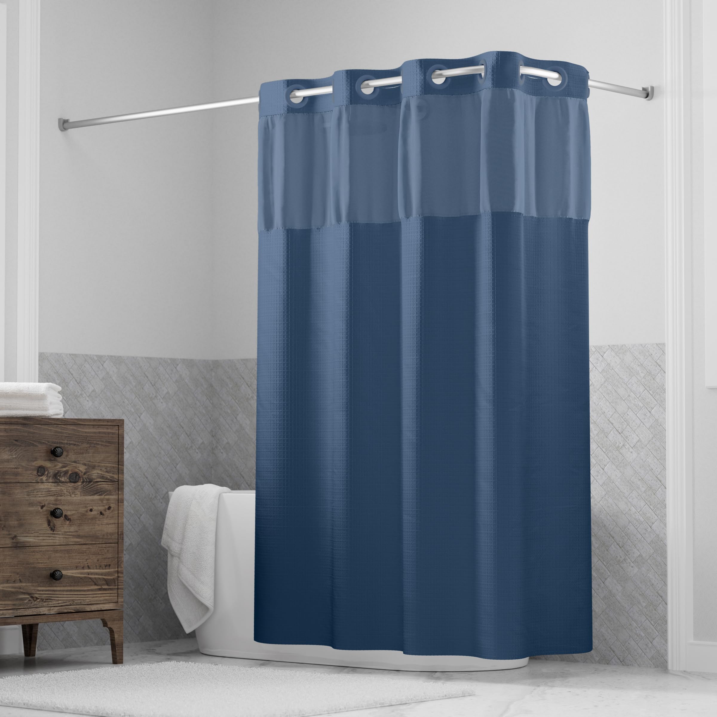 Hookless ItS A Snap! Waffle Shower Curtain, 3In1 Shower Curtain Includes Fabric Shower Curtain With Sheer Top Window, FlexOn 