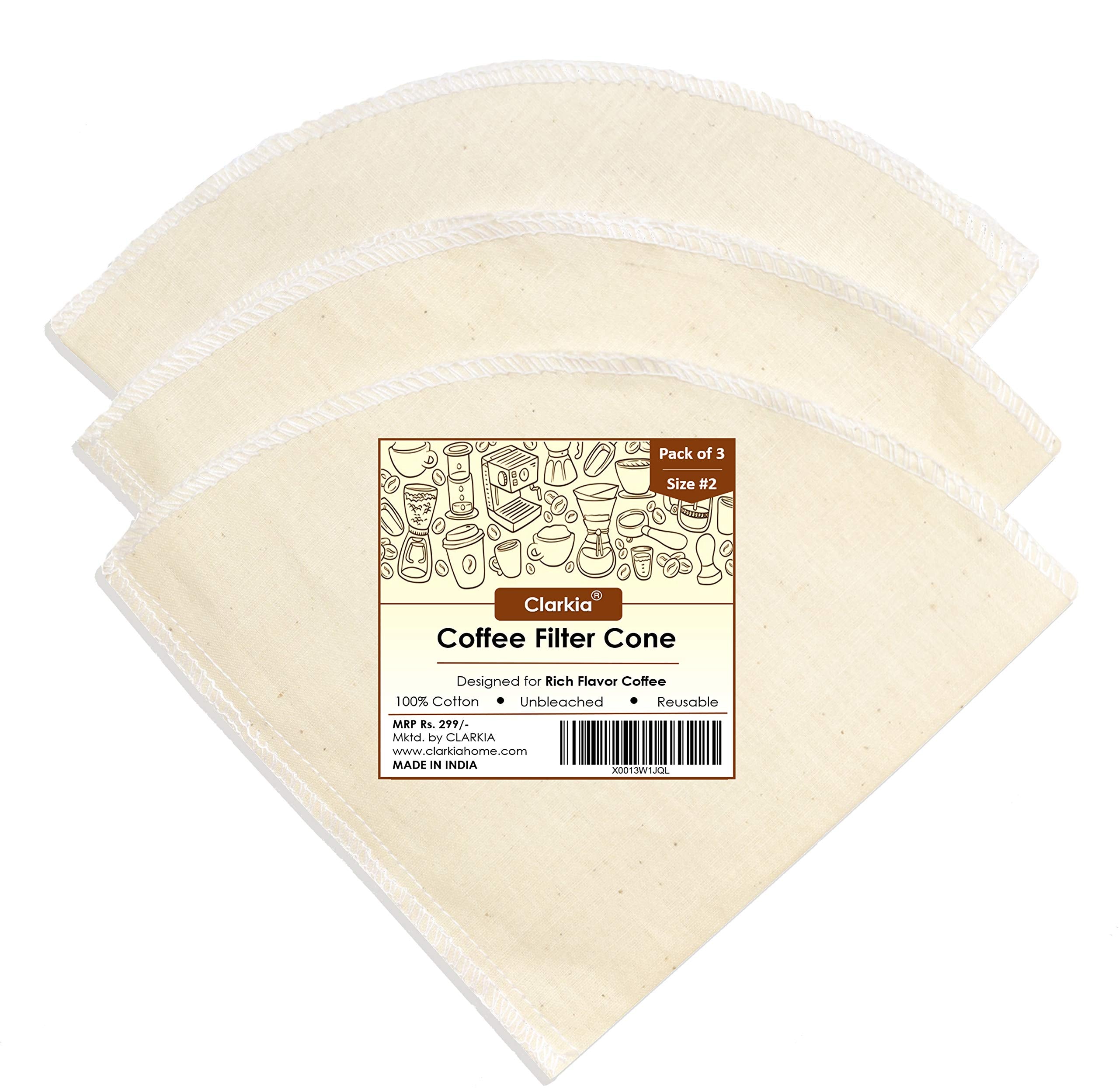 Clarkia 3 Count #2 Cotton Cone Coffee Filters Unbleached AllNatural, Reusable Filter Pour Over Dripper  EcoFriendly