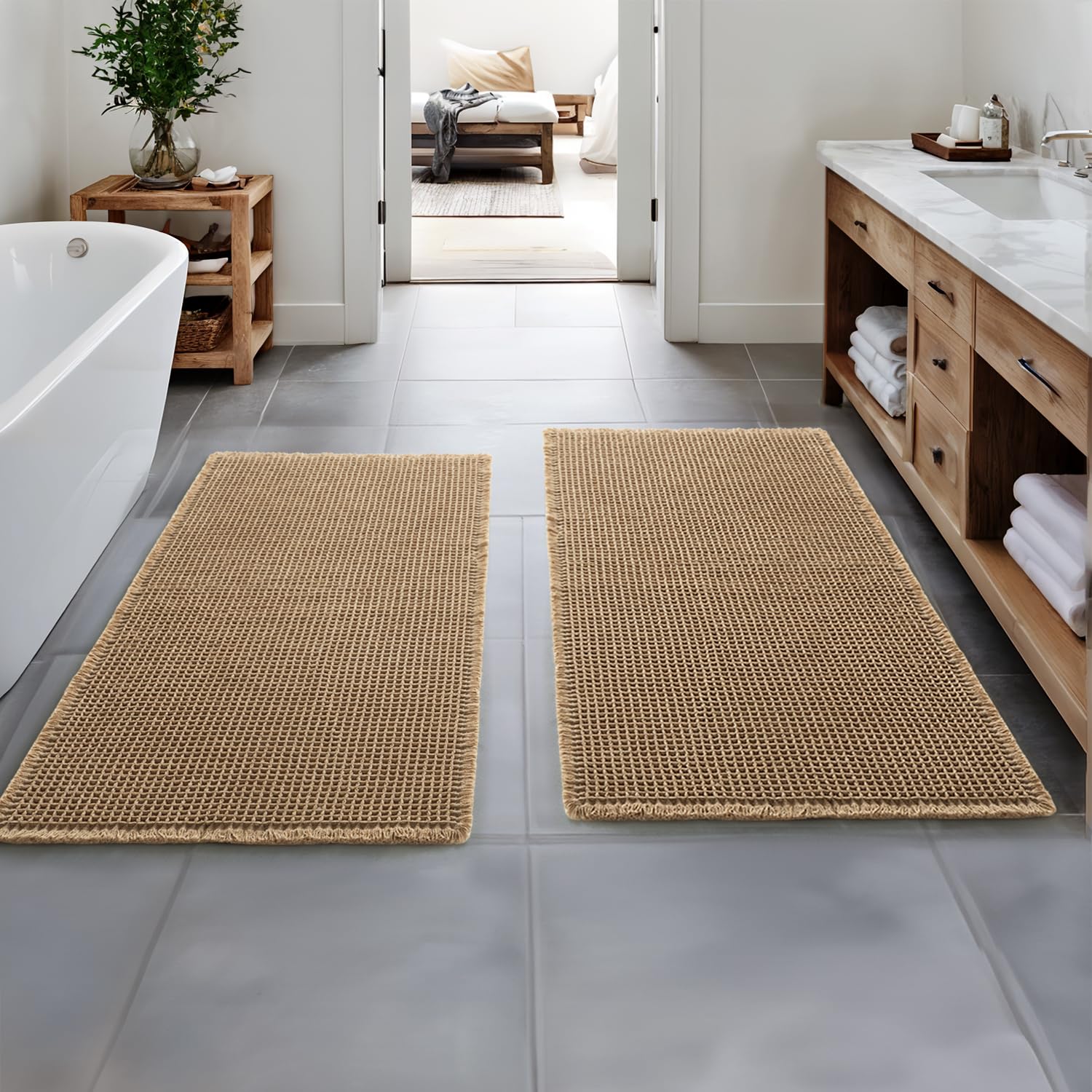 MIULEE Set of 2 Waffle Bathroom Runner Rugs, Boho Bath Rugs Non Slip Washable, Super Absorbent Runner Bath Mats, Rubber Backed S