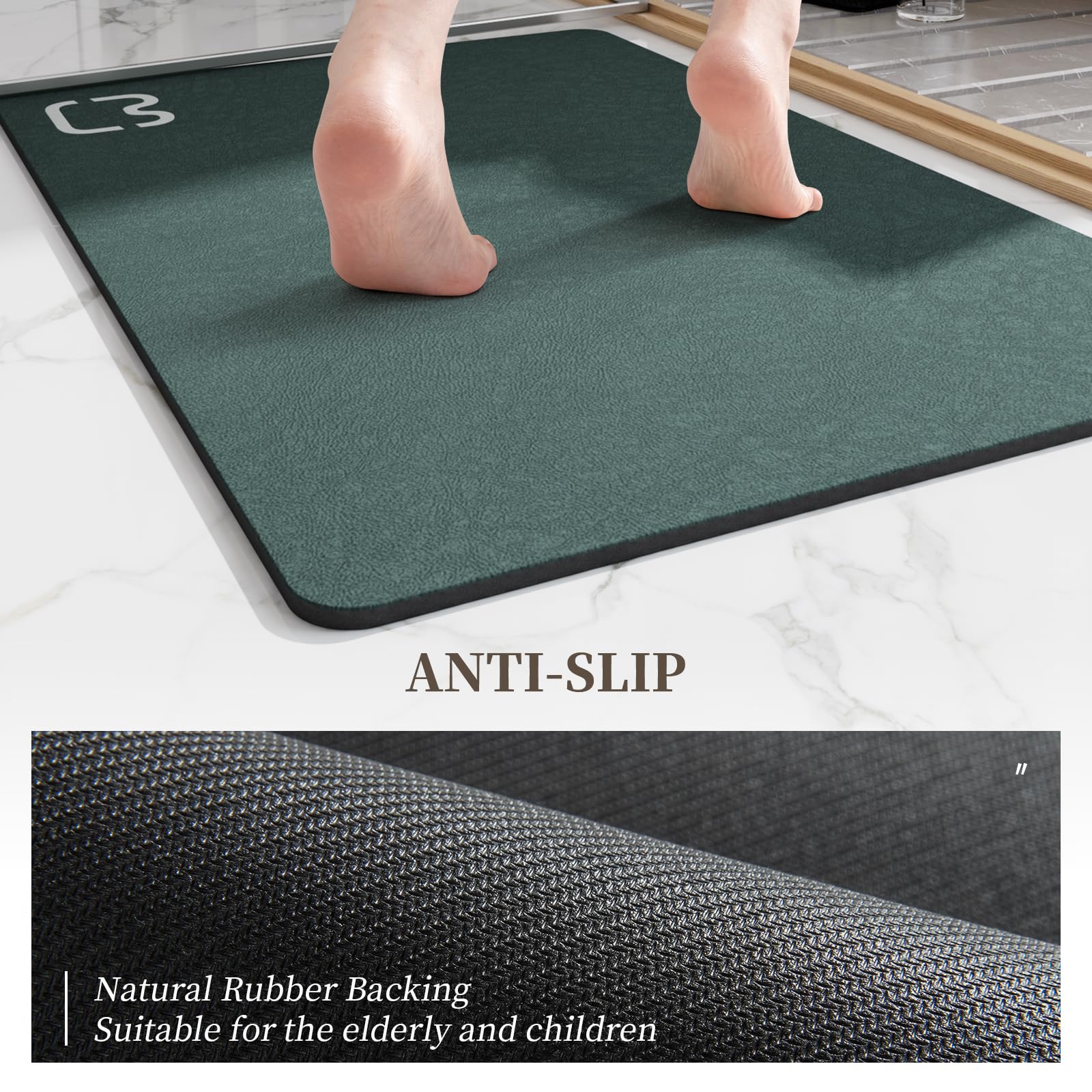 Ruerya Bath Mat (15.7X23.6), Bathroom Non Slip Absorbent Quick Dry Rubber Backed, Dark Green