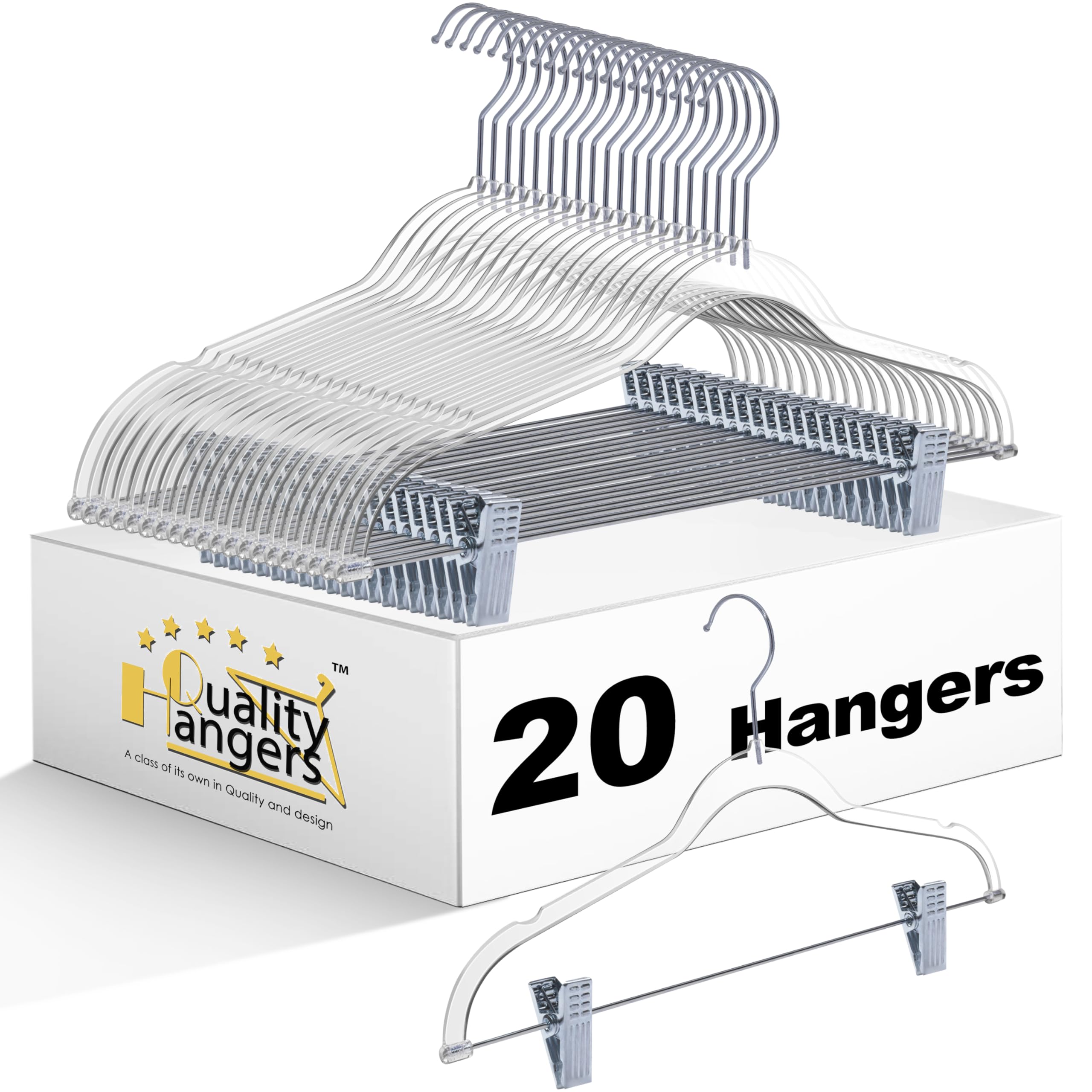 Clear Plastic Pants Hangers With Clips 20 Pack | Heavy Duty Skirt Hangers Swivel Hook And Notches | Space Saving Acrylic Clip Ha