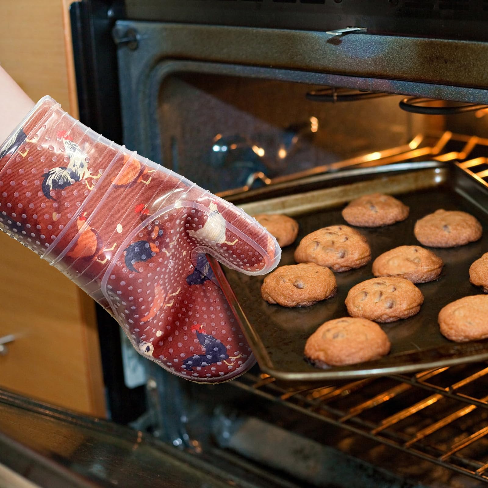 Red Lmldeta Oven Mitts Set Of 2 With Transparent Clear Silicone Shell And Nice Shell Flower Cotton Lining, Heat Resistant To 500
