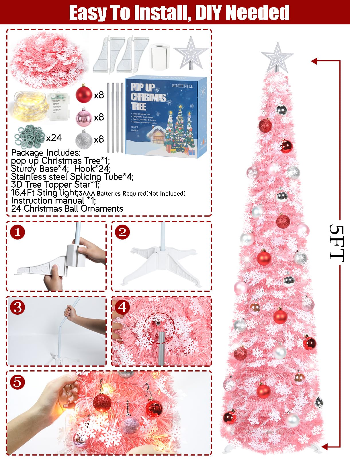 SINTENILL 5 FT Pop Up Christmas Tree with Timer Lights and Decorations, Pink Tinsel Artificial Christmas Tree with 24 Balls Orna