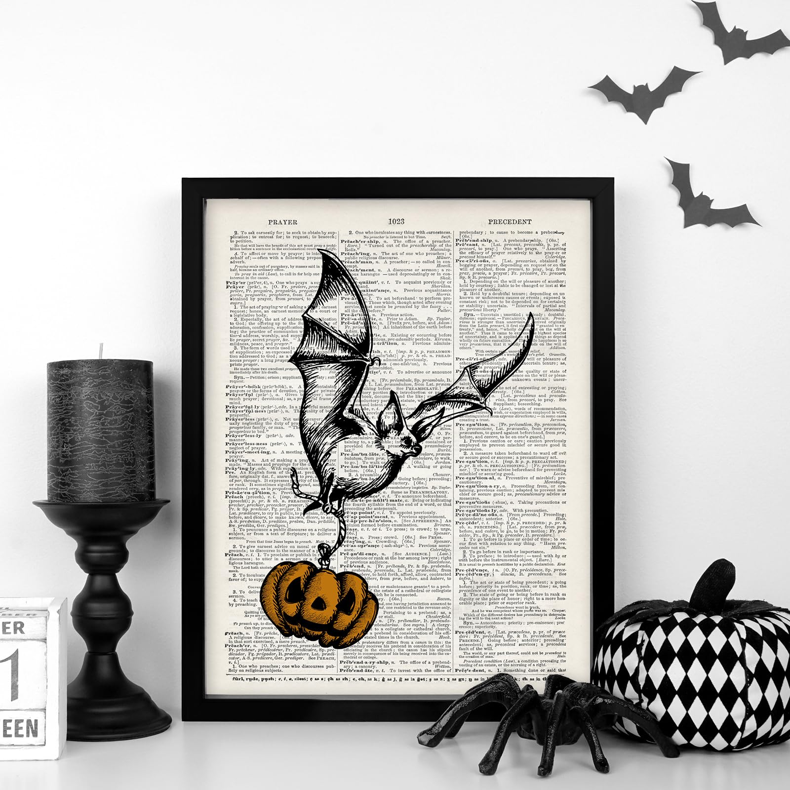 Whaline 6Pcs Halloween Skeleton Wall Art Prints 11 X 14 Inch Spooky Gothic Wall Art Poster Bat Witch Halloween Vintage Wall Deco