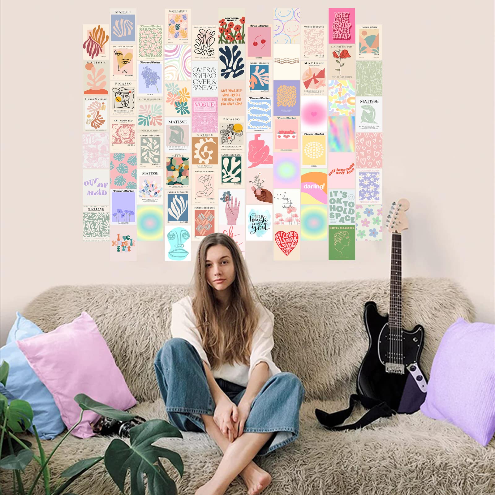 Kbkbart 70Pcs Danish Pastel Wall Collage Kit Aesthetic Pictures, Cute Danish Pastel Posters Matisse Wall Art Prints Preppy Room