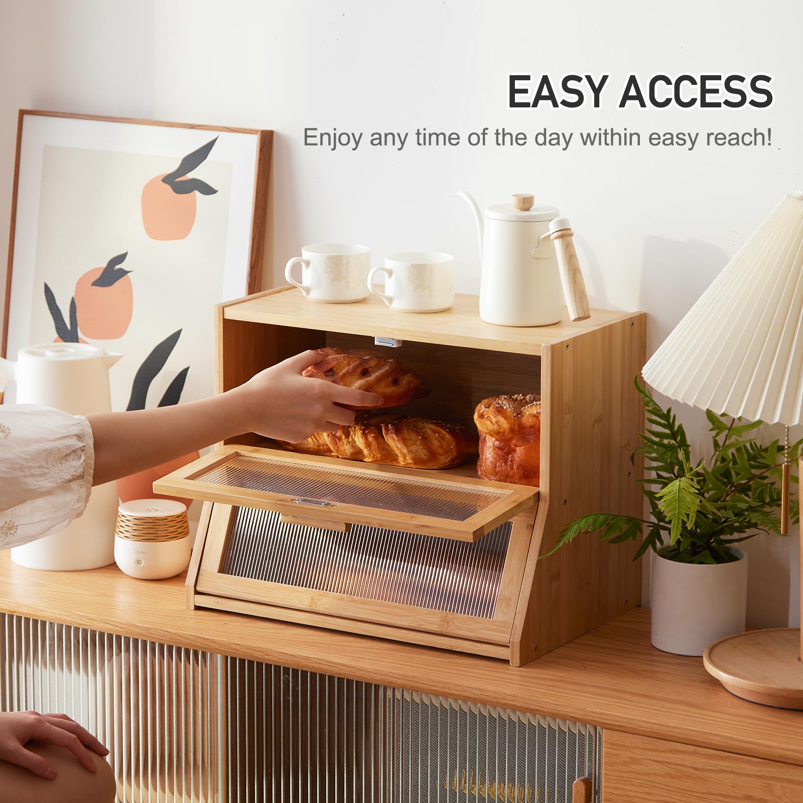 GHWIE Bamboo Bread Box, Large Capacity Storage Bin with Acrylic Wavy Door, Medium Size, Natural Color, Model 520-CH-DTXMBX-YS
