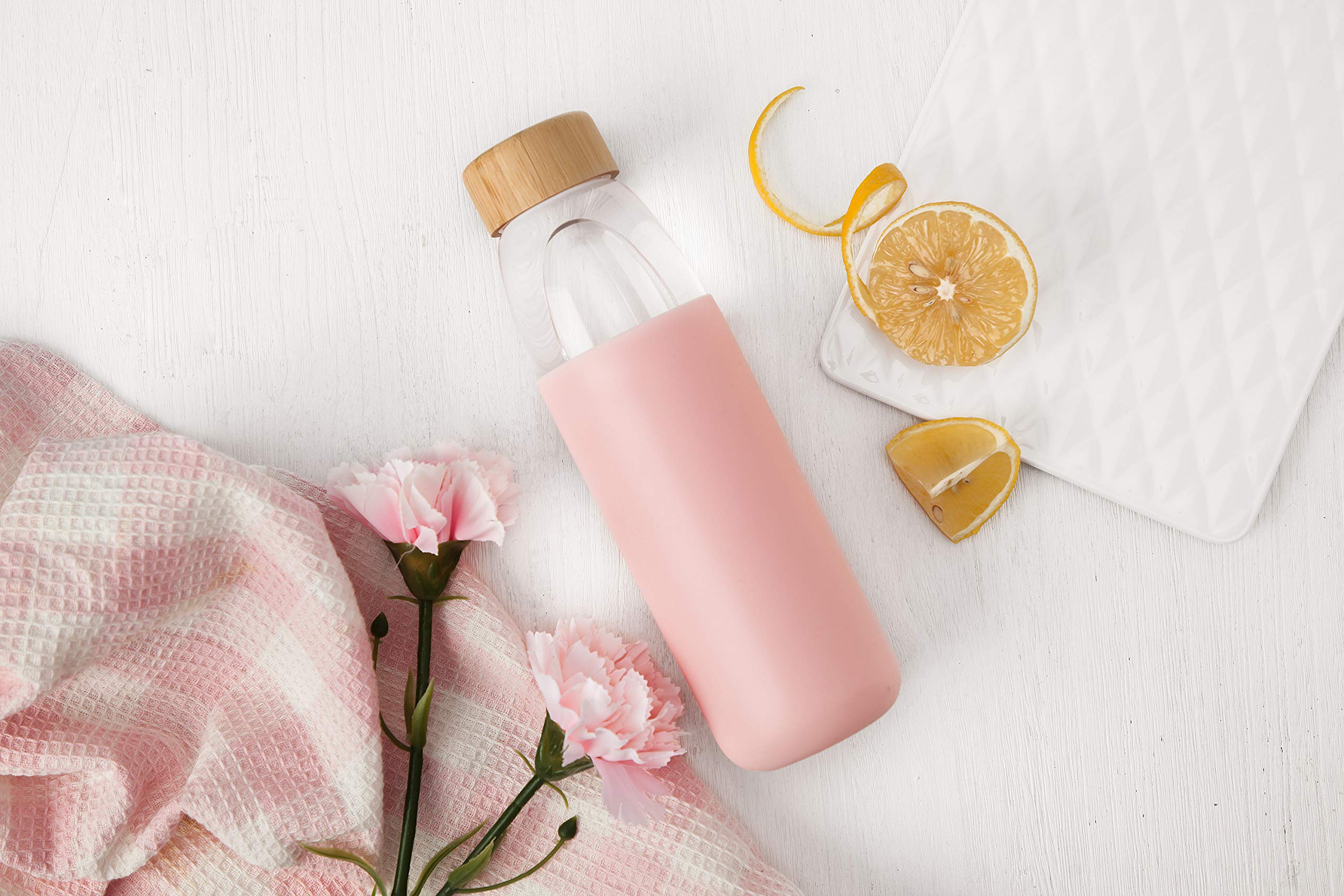 Veegoal Glass Water Bottles 18 Oz Borosilicate With Bamboo Lid, Bpa-Free, Non-Slip Silicone Sleeve, And Stainless Steel Leak Pro