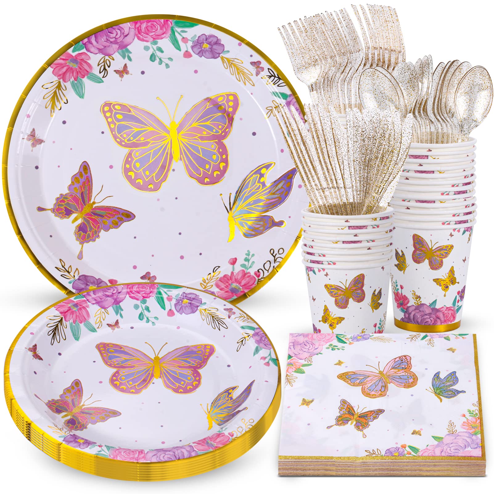 Atonofun Butterfly Birthday Party Supplies, Butterfly Party Plates, Cups, Napkins And Cutlery, Butterfly Party Decorations For B