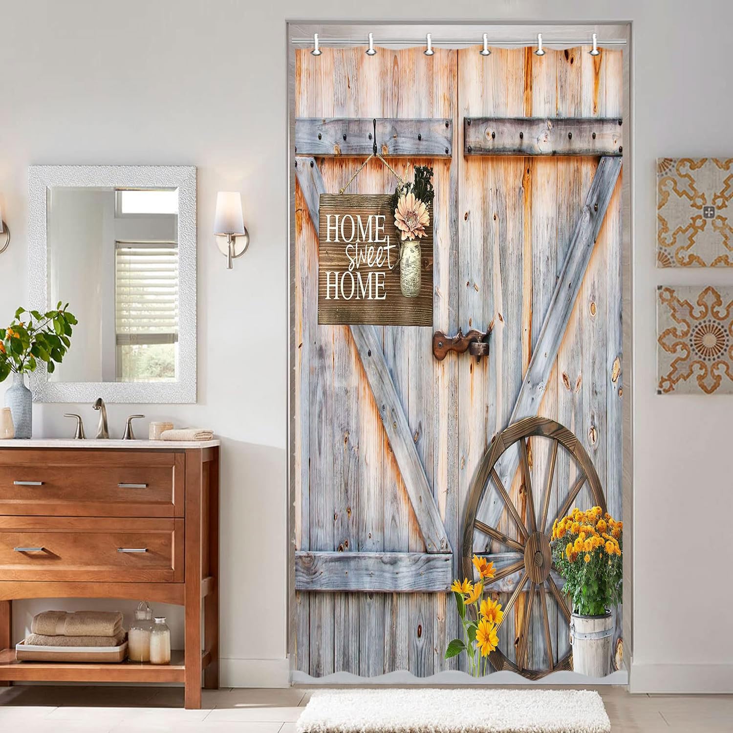 Rustic Barn Door Shower Curtain For Bathroom, Western Farmhouse Yellow Daisy Floral Small Size Rv Bath Curtain Sets For Campers,